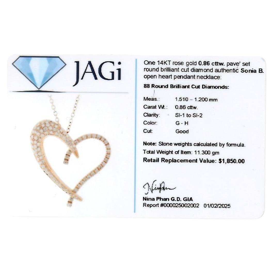 Sonia B Large Pavé Diamond Open Heart Pendant Necklace in 14 Karat Rose Gold (Collier à pendentif en forme de cœur ouvert en or rose 14 carats) en vente 4