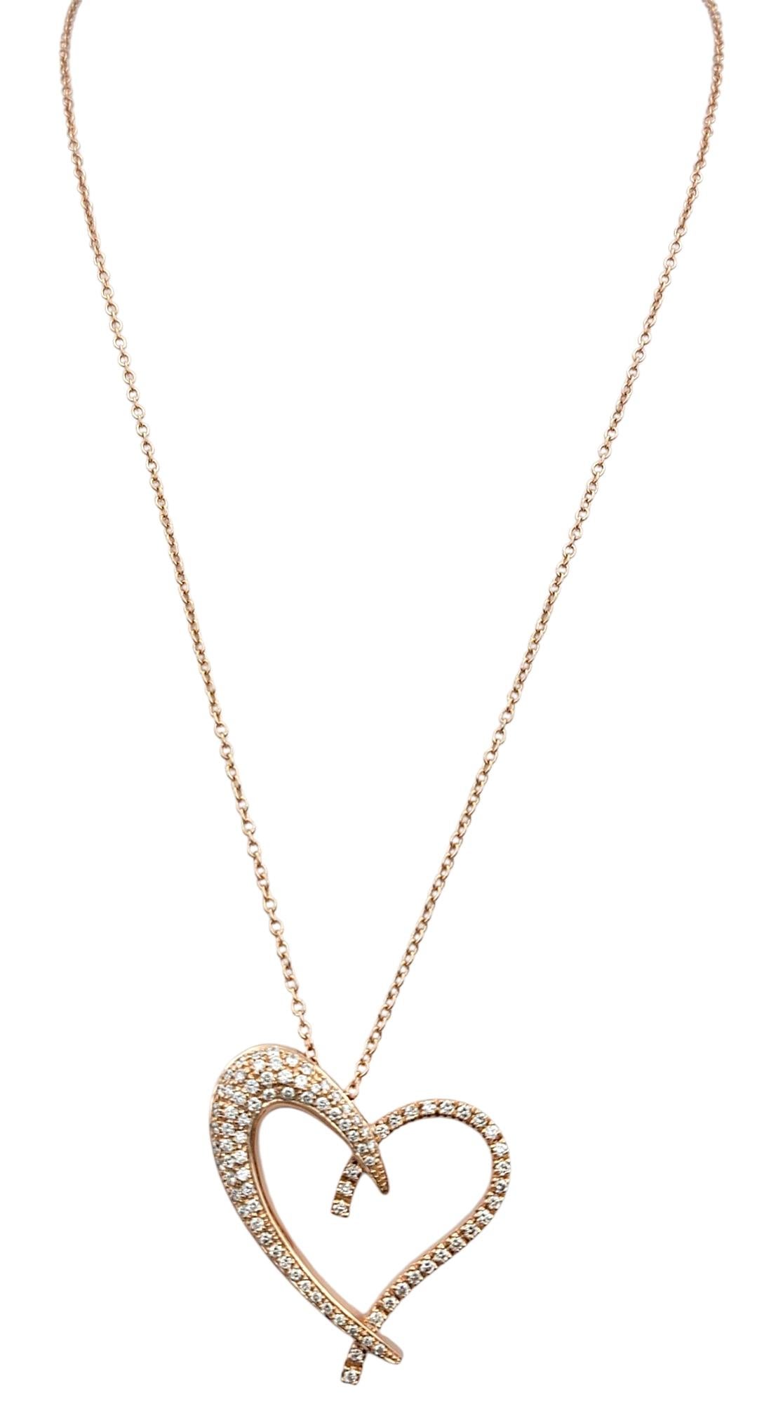 Contemporain Sonia B Large Pavé Diamond Open Heart Pendant Necklace in 14 Karat Rose Gold (Collier à pendentif en forme de cœur ouvert en or rose 14 carats) en vente