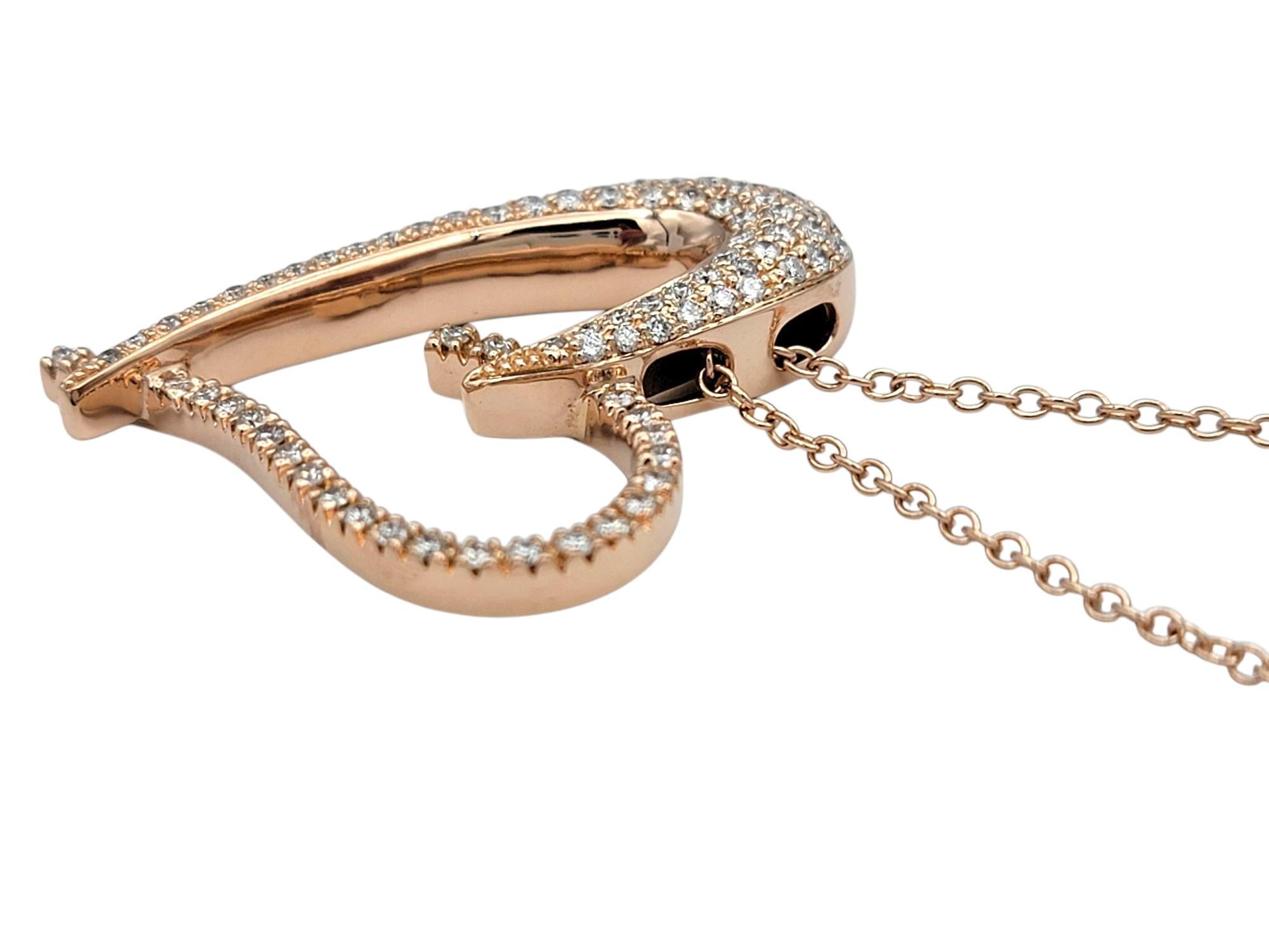 Taille ronde Sonia B Large Pavé Diamond Open Heart Pendant Necklace in 14 Karat Rose Gold (Collier à pendentif en forme de cœur ouvert en or rose 14 carats) en vente