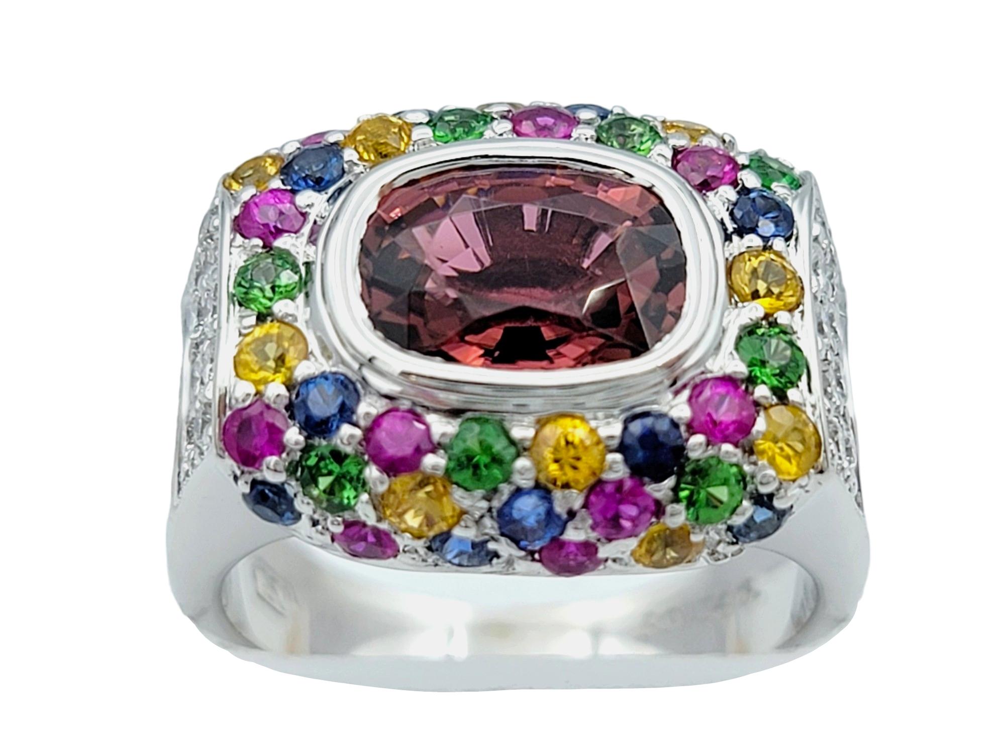 Contemporary Sonia B. Multi-Colored Gemstone Squared Cocktail Ring Set in 18 Karat White Gold For Sale