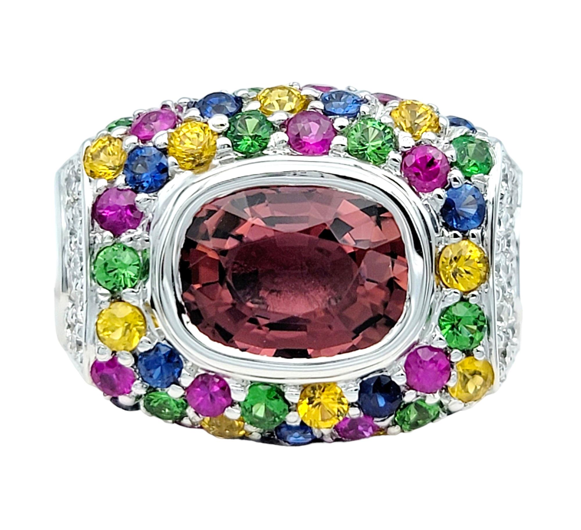 Cushion Cut Sonia B. Multi-Colored Gemstone Squared Cocktail Ring Set in 18 Karat White Gold For Sale