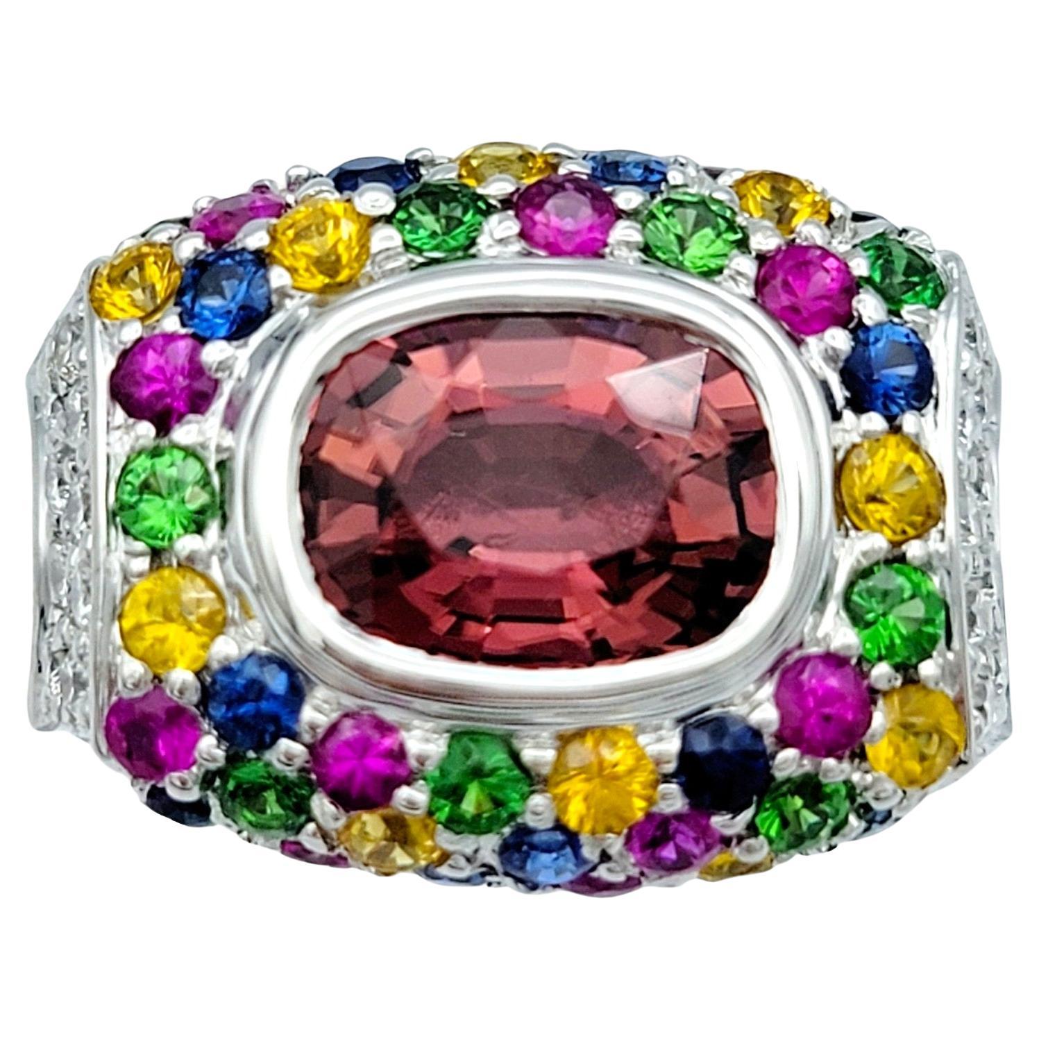 Sonia B. Multi-Colored Gemstone Squared Cocktail Ring Set in 18 Karat White Gold For Sale