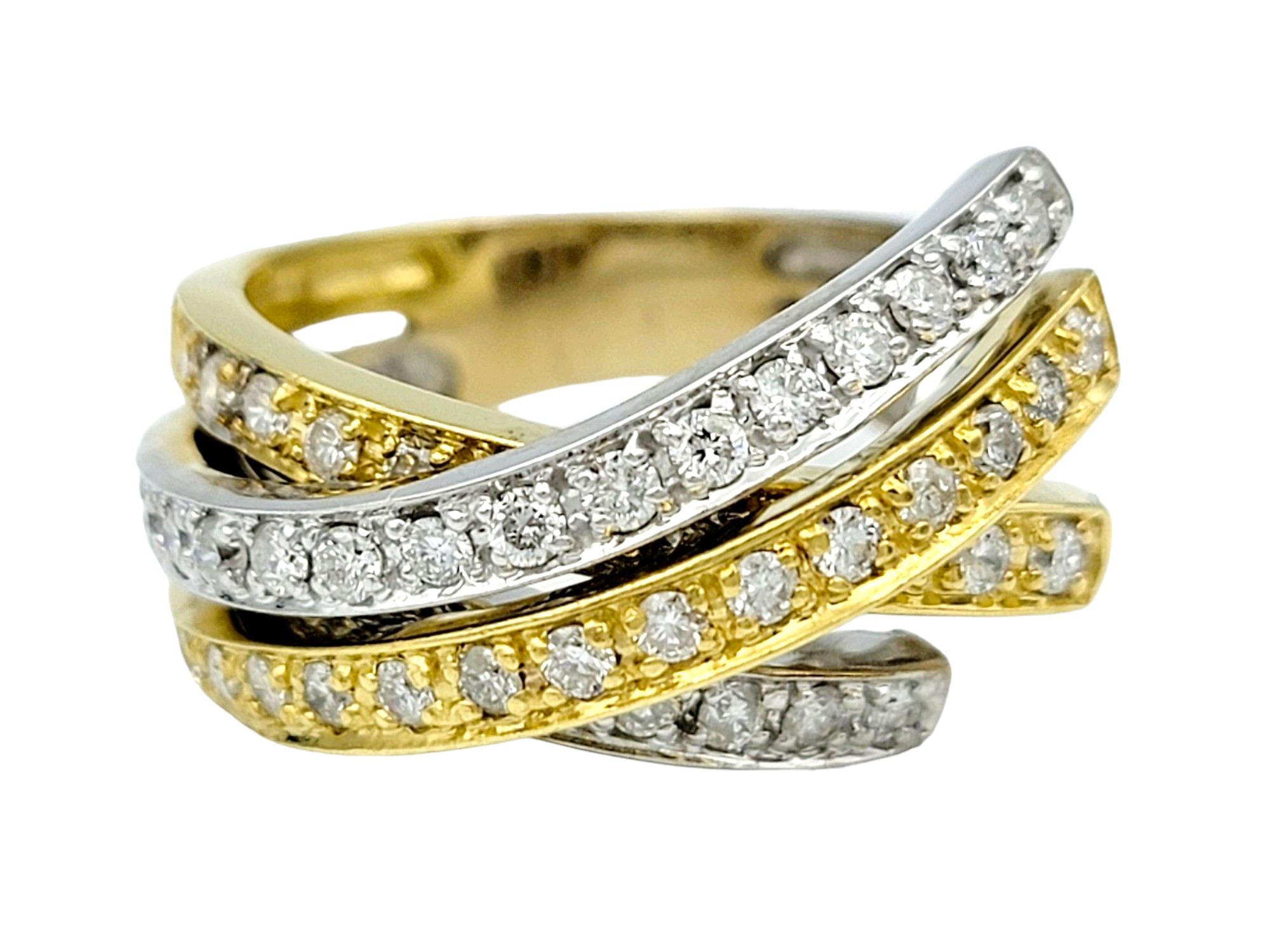 Contemporary Sonia B. Multi Row Criss-Cross Diamond Band Ring Set in Two-Toned 18 Karat Gold For Sale