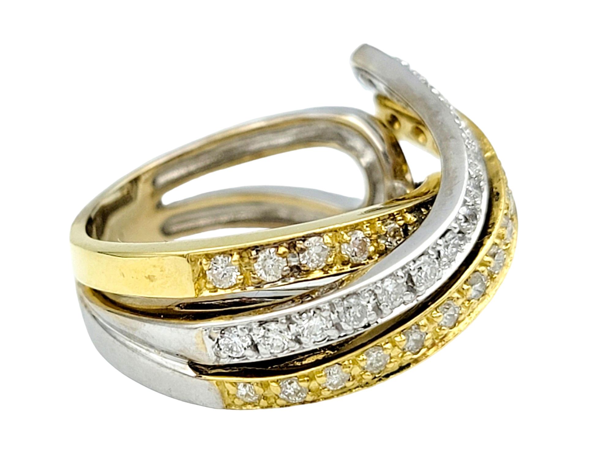 Round Cut Sonia B. Multi Row Criss-Cross Diamond Band Ring Set in Two-Toned 18 Karat Gold For Sale
