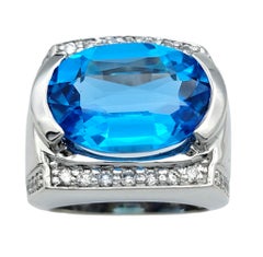 Sonia B Oval Cut Blue Topaz Cocktail Ring with Diamonds in 14 Karat White Gold