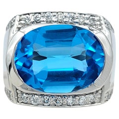 Sonia B Oval Cut Blue Topaz Cocktail Ring with Diamonds in 14 Karat White Gold