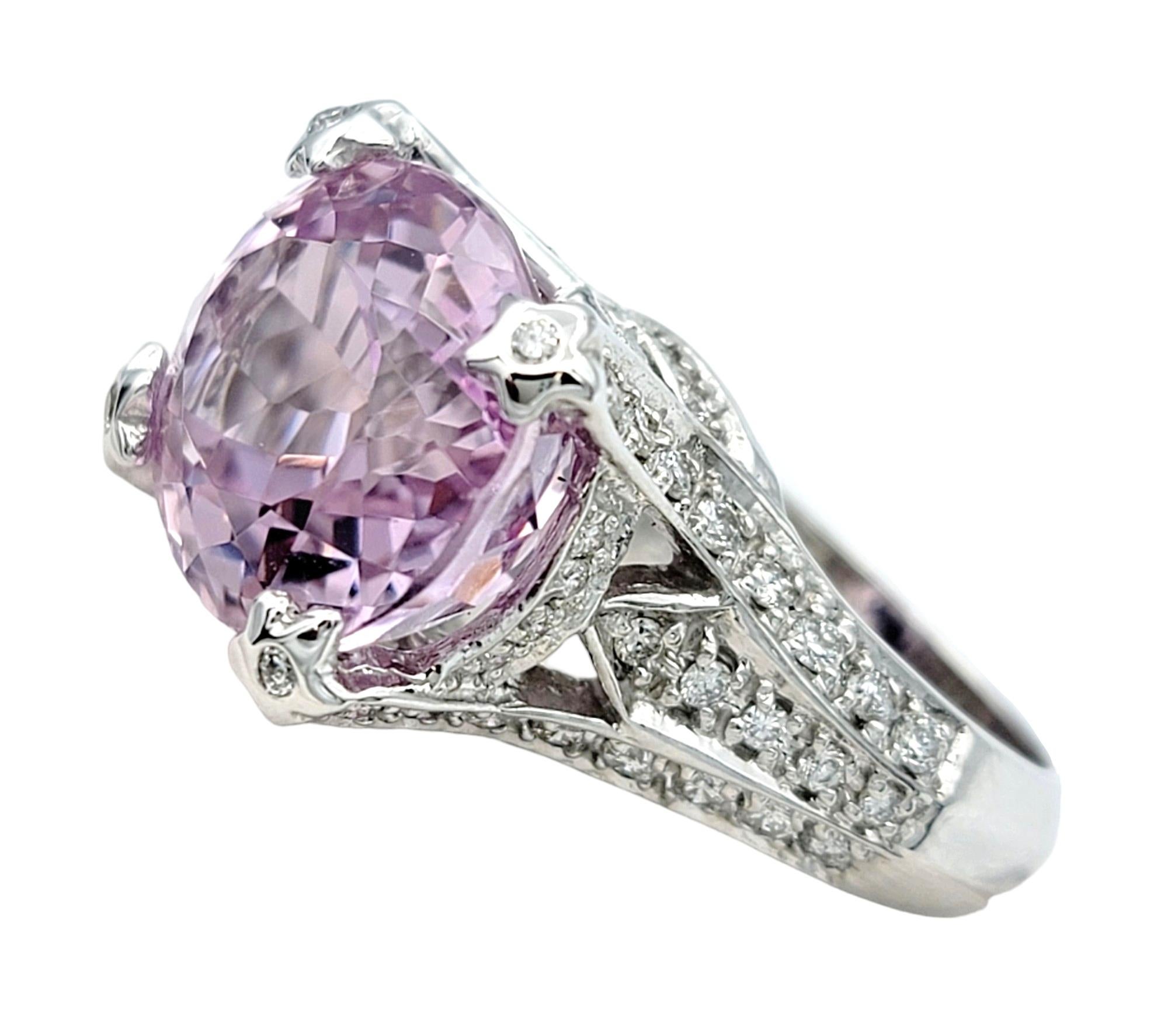Contemporary Sonia B. Oval Cut Pink Kunzite Ring with Pave Diamonds in 14 Karat White Gold For Sale