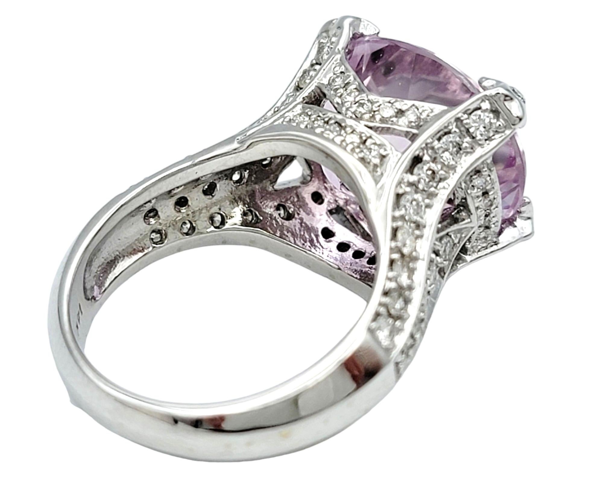 Women's Sonia B. Oval Cut Pink Kunzite Ring with Pave Diamonds in 14 Karat White Gold For Sale