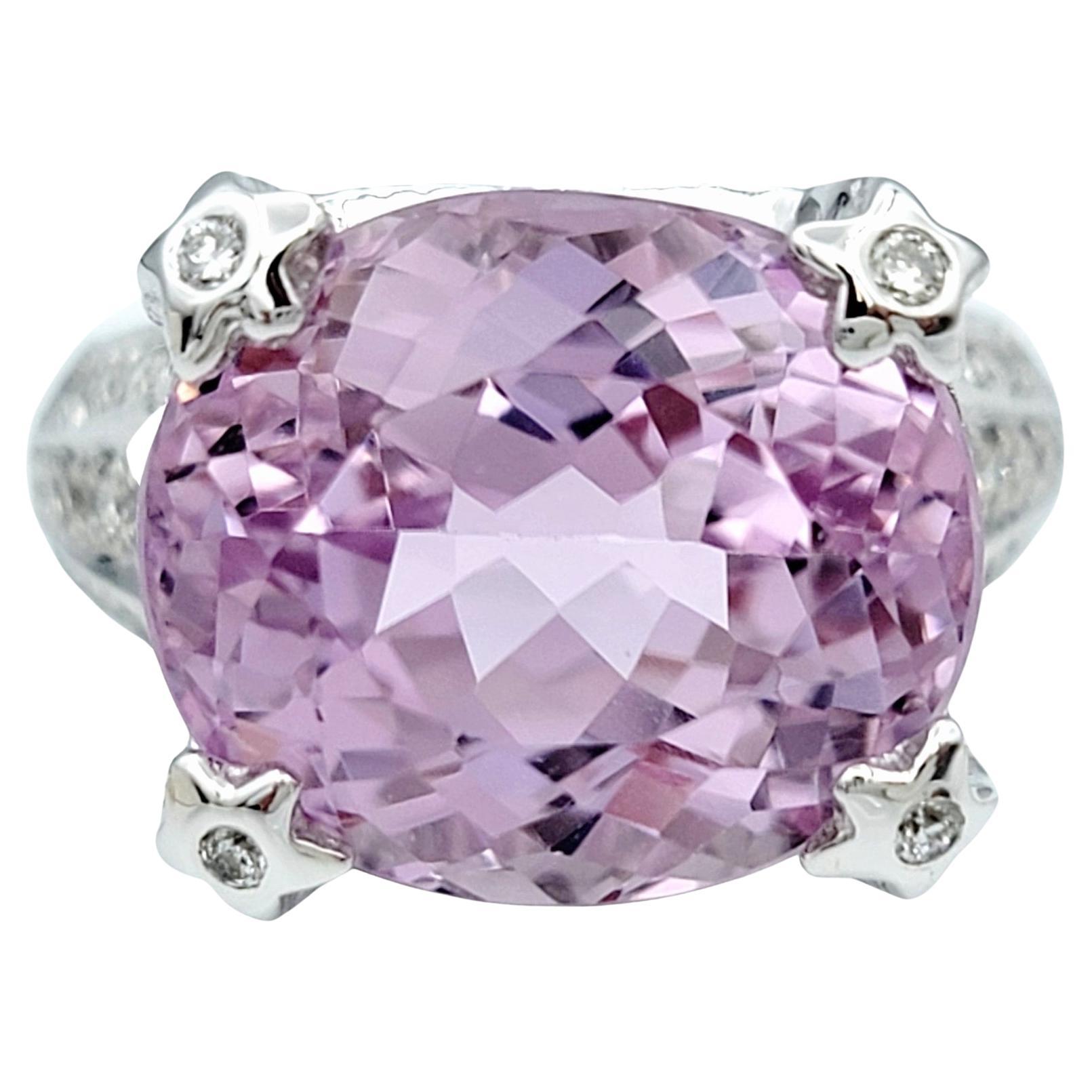 Sonia B. Oval Cut Pink Kunzite Ring with Pave Diamonds in 14 Karat White Gold For Sale
