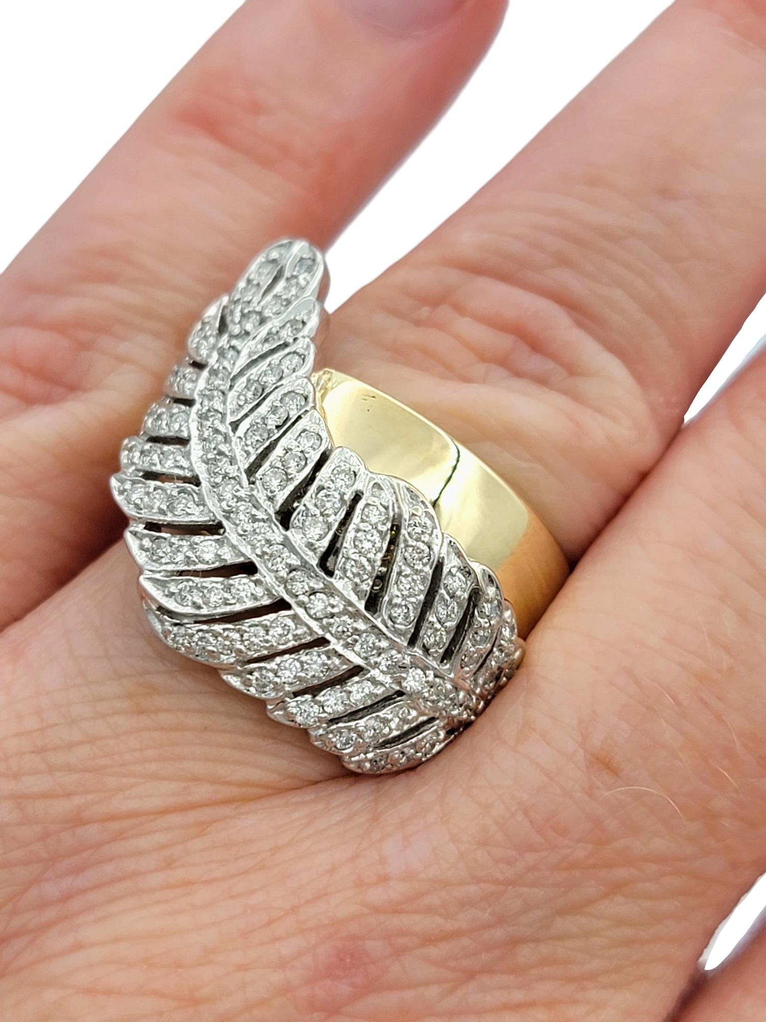 Sonia B. Pavé Diamond Feather Motif Wide Band Ring in Polished 14 Karat Gold For Sale 4