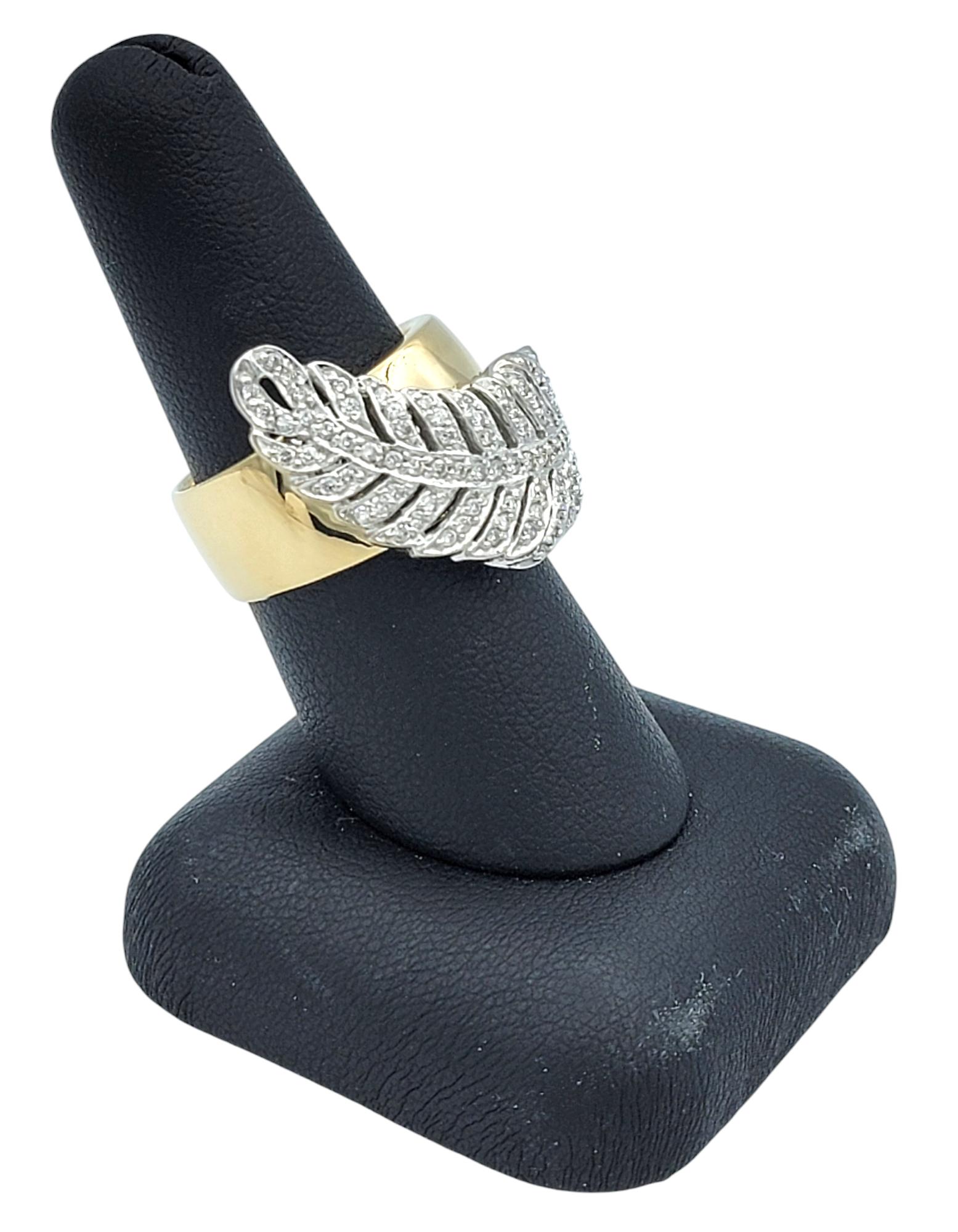 Sonia B. Pavé Diamond Feather Motif Wide Band Ring in Polished 14 Karat Gold For Sale 7