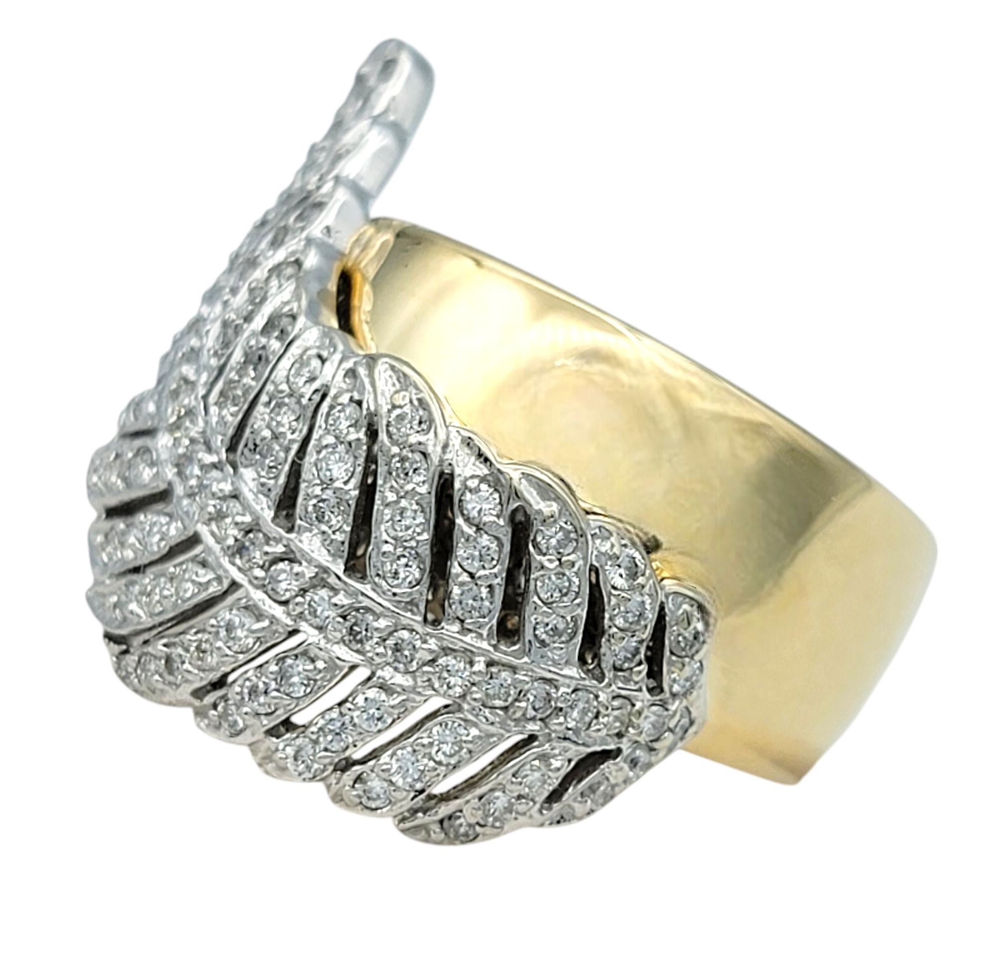 Contemporary Sonia B. Pavé Diamond Feather Motif Wide Band Ring in Polished 14 Karat Gold For Sale