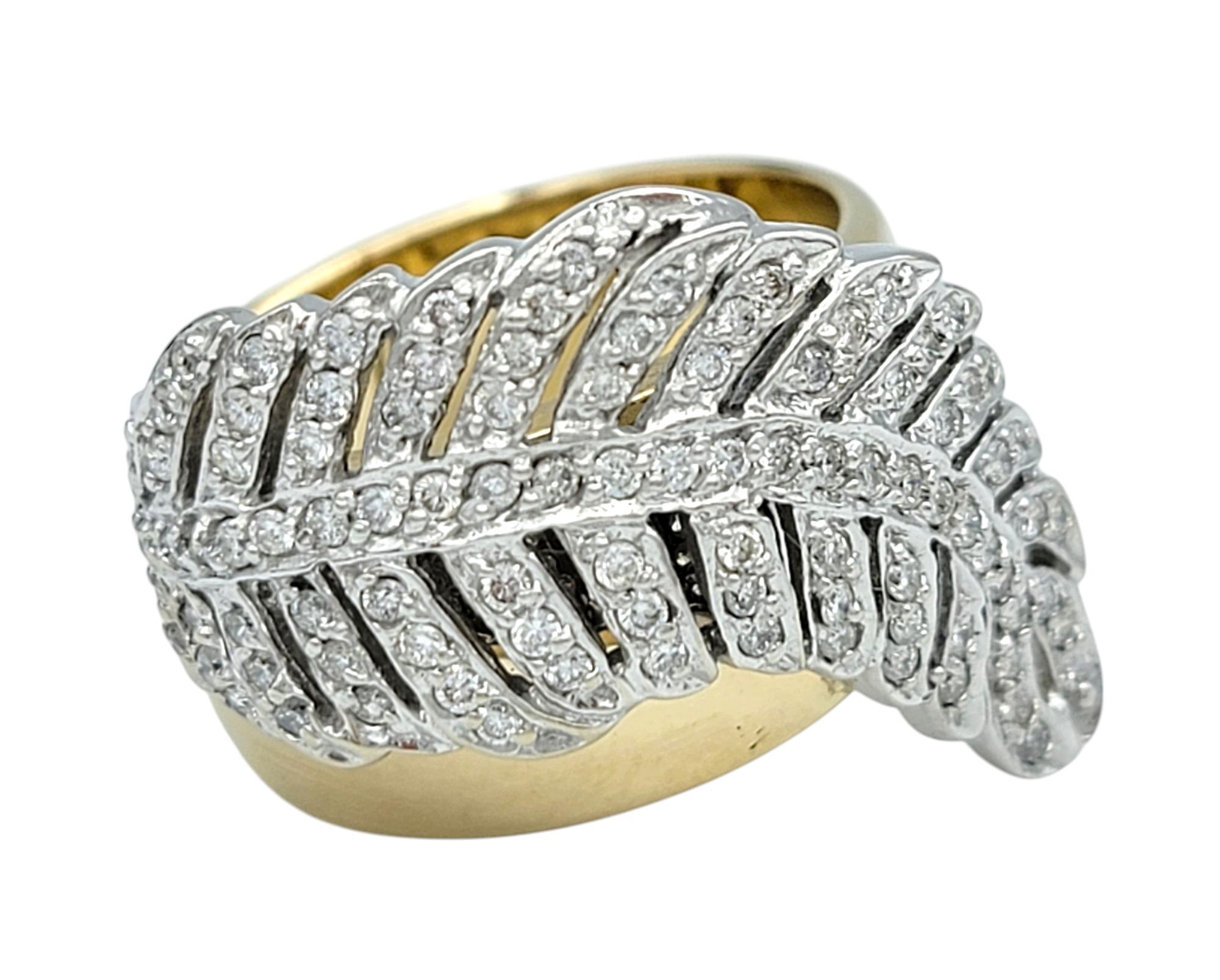 Round Cut Sonia B. Pavé Diamond Feather Motif Wide Band Ring in Polished 14 Karat Gold For Sale
