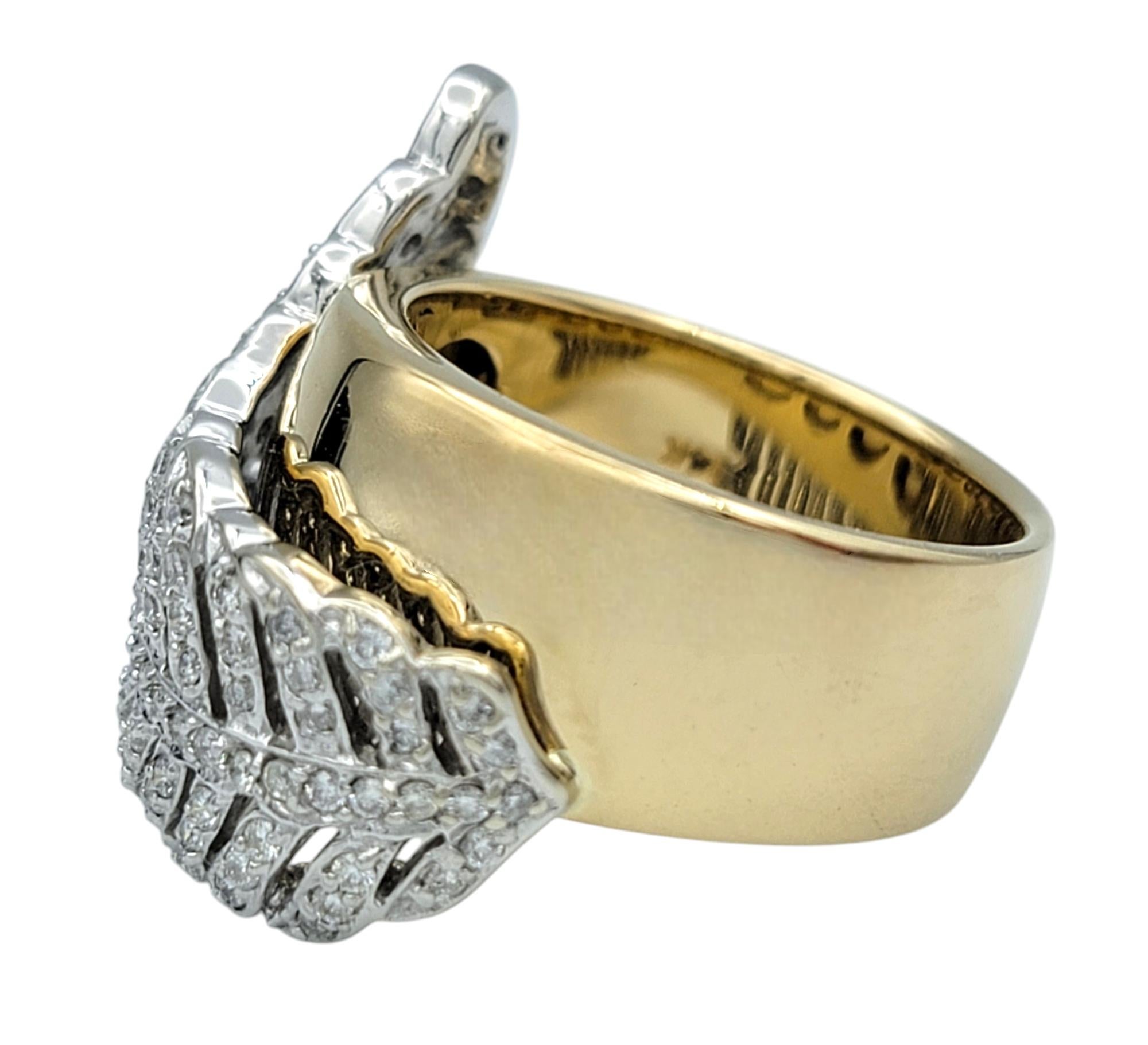 Sonia B. Pavé Diamond Feather Motif Wide Band Ring in Polished 14 Karat Gold In Good Condition For Sale In Scottsdale, AZ