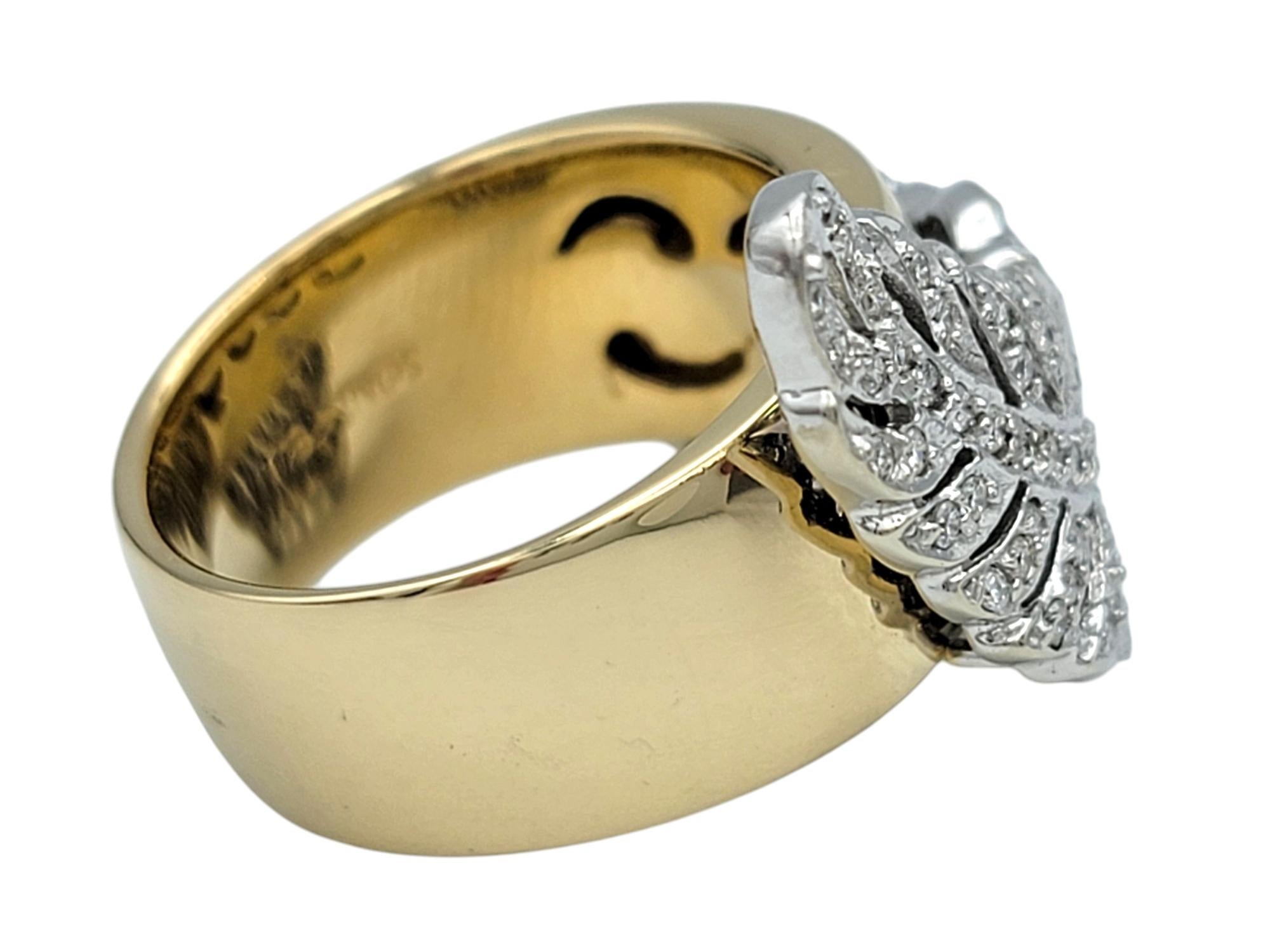 Women's Sonia B. Pavé Diamond Feather Motif Wide Band Ring in Polished 14 Karat Gold For Sale