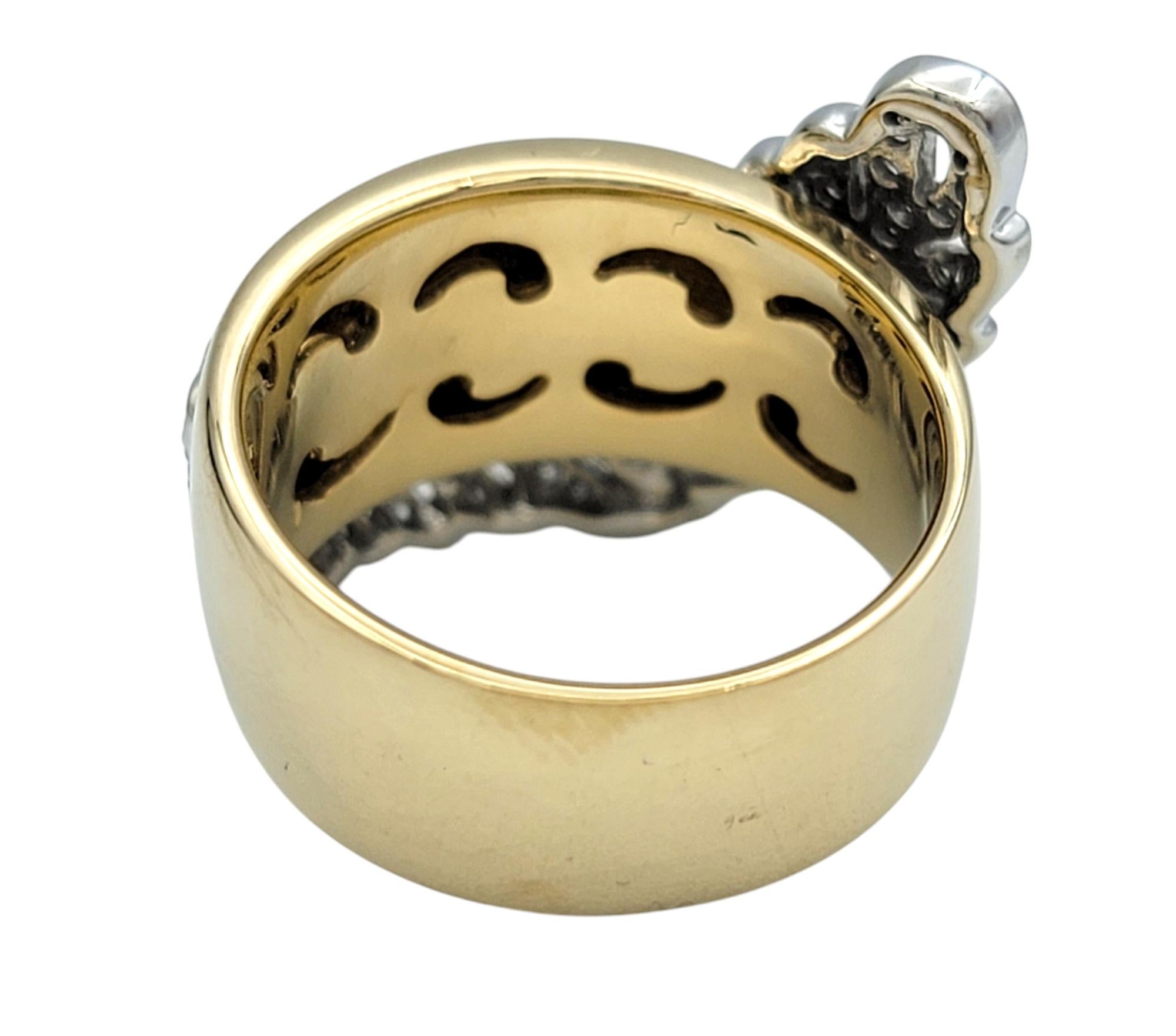 Sonia B. Pavé Diamond Feather Motif Wide Band Ring in Polished 14 Karat Gold For Sale 1