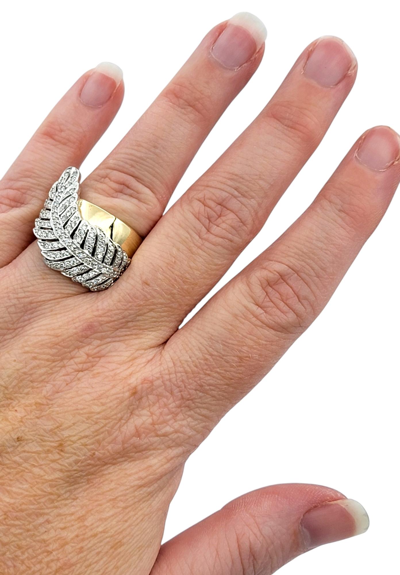 Sonia B. Pavé Diamond Feather Motif Wide Band Ring in Polished 14 Karat Gold For Sale 3