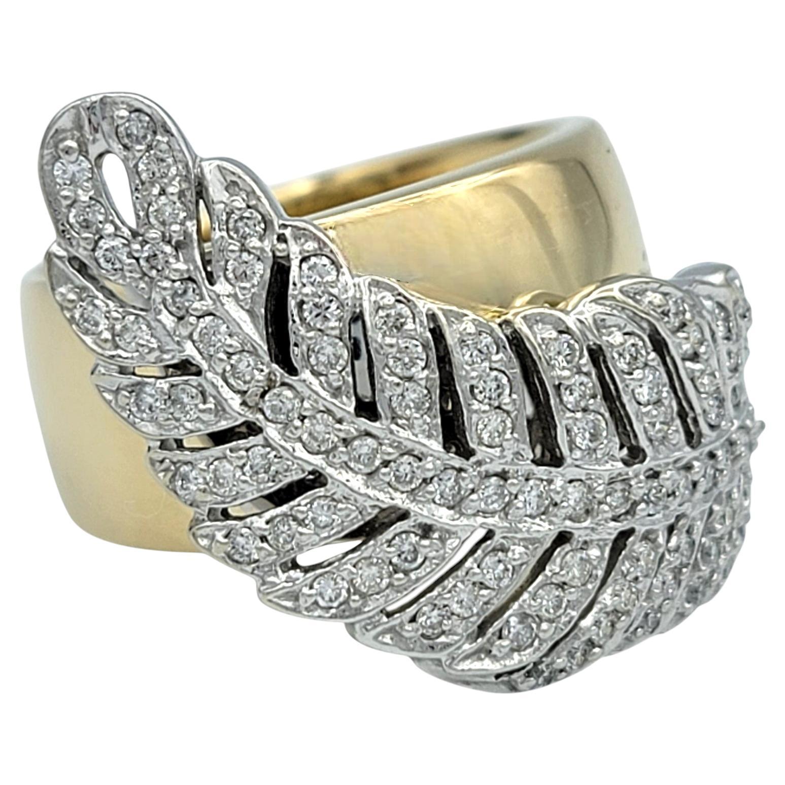 Sonia B. Pavé Diamond Feather Motif Wide Band Ring in Polished 14 Karat Gold