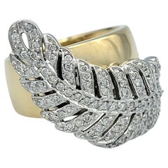 Sonia B. Pavé Diamond Feather Motif Wide Band Ring in Polished 14 Karat Gold