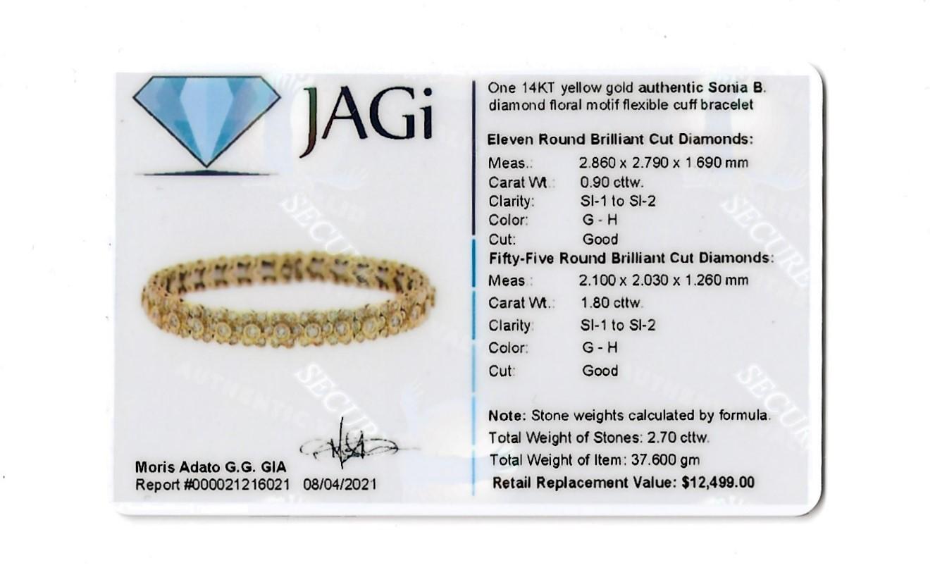 Sonia B. Pave Diamond Floral Motif Flexible Cuff Bracelet 14 Karat Yellow Gold For Sale 6