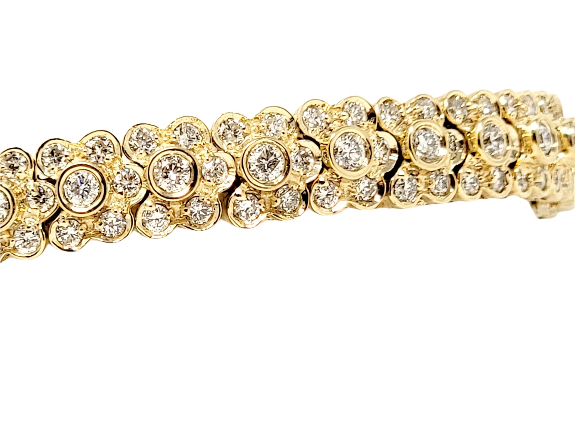 Round Cut Sonia B. Pave Diamond Floral Motif Flexible Cuff Bracelet 14 Karat Yellow Gold For Sale