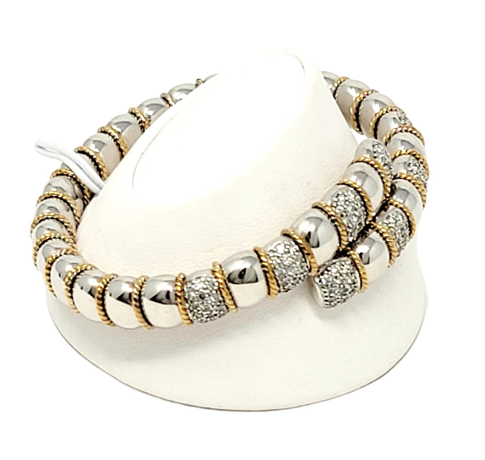 Contemporary Sonia B. Pave Diamond Station Flexible Bypass Bracelet 14 Karat Gold Two Tone For Sale