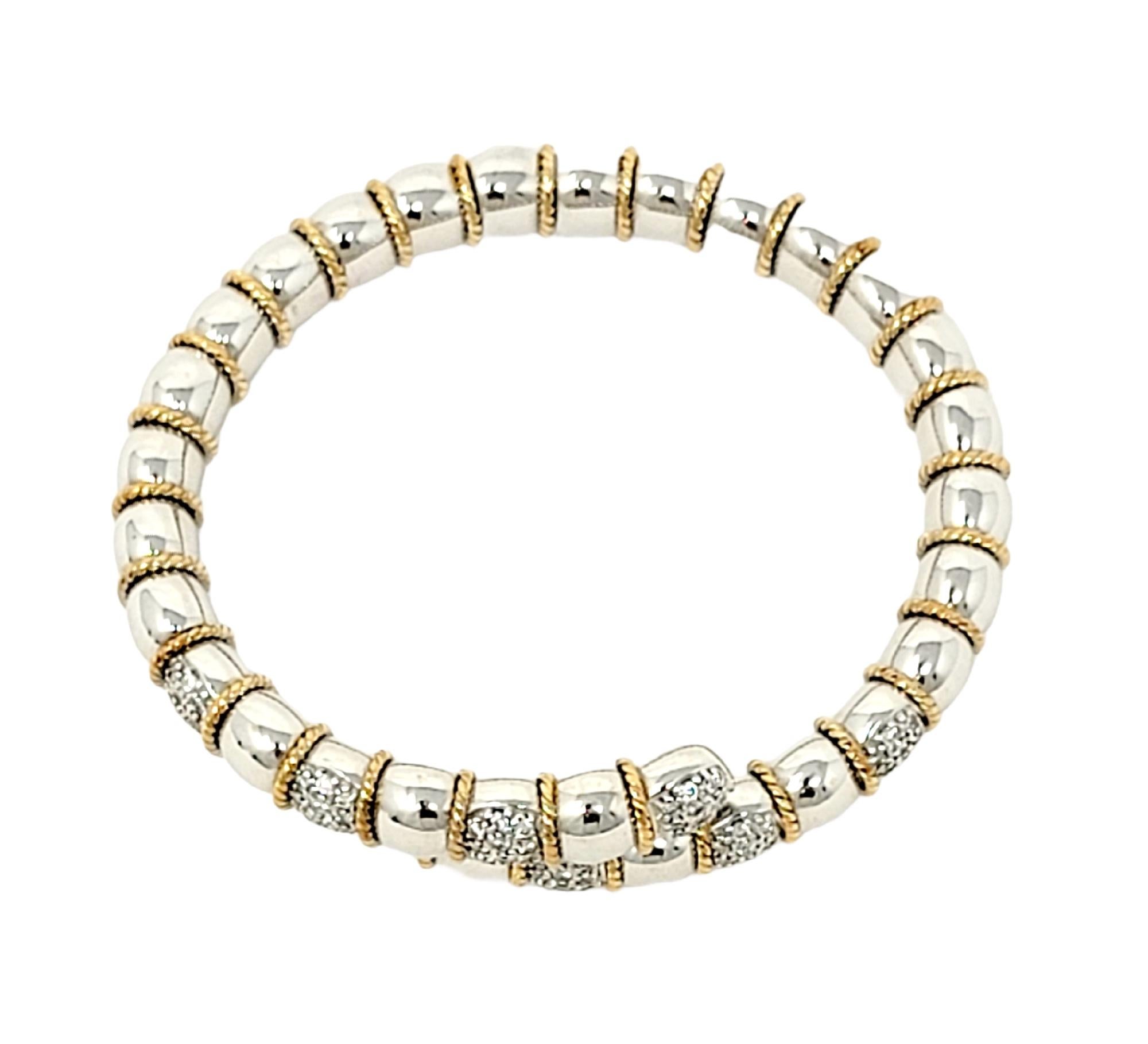 Sonia B. Pave Diamond Station Flexible Bypass Bracelet 14 Karat Gold Two Tone In Good Condition For Sale In Scottsdale, AZ