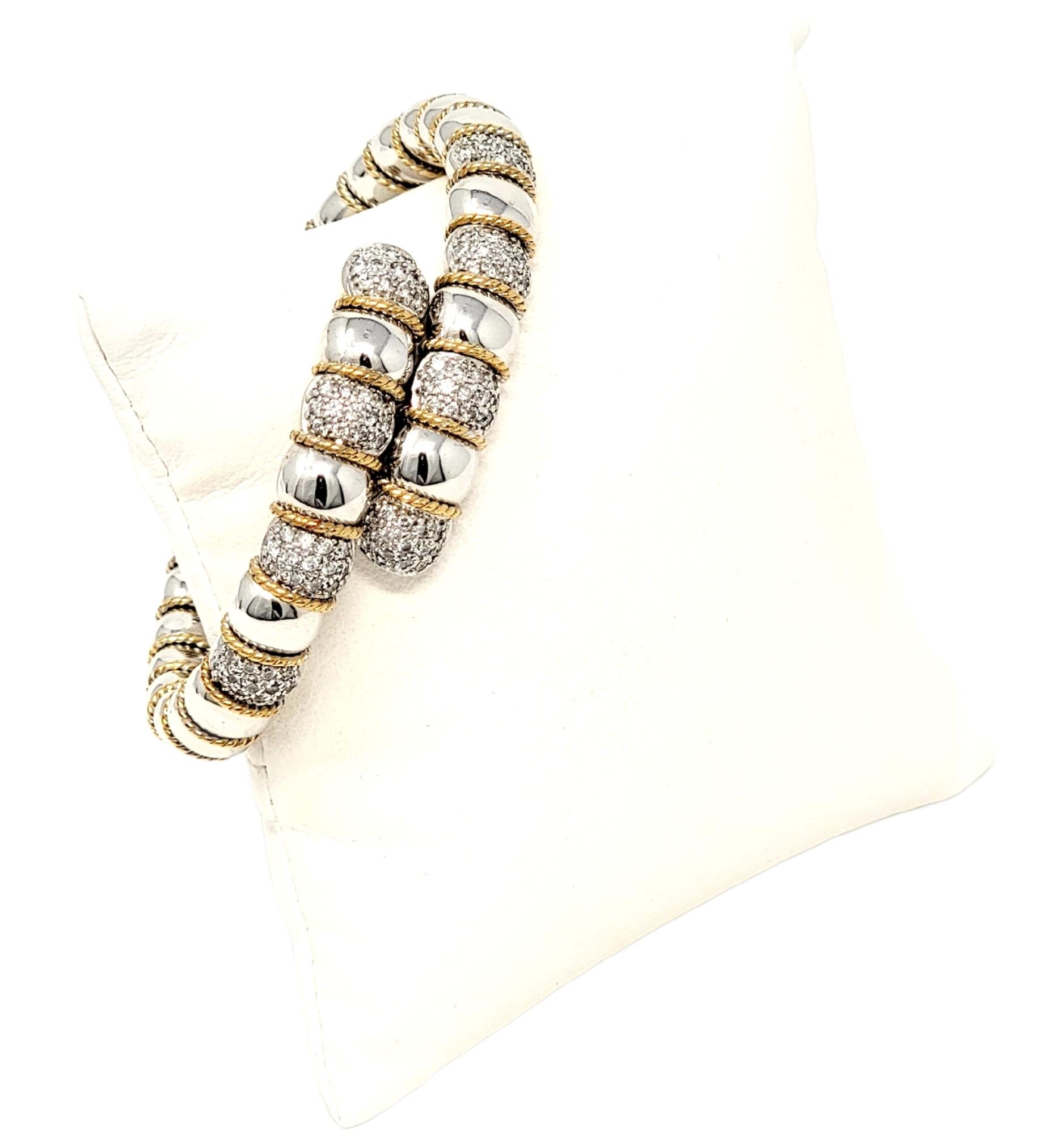 Women's Sonia B. Pave Diamond Station Flexible Bypass Bracelet 14 Karat Gold Two Tone For Sale