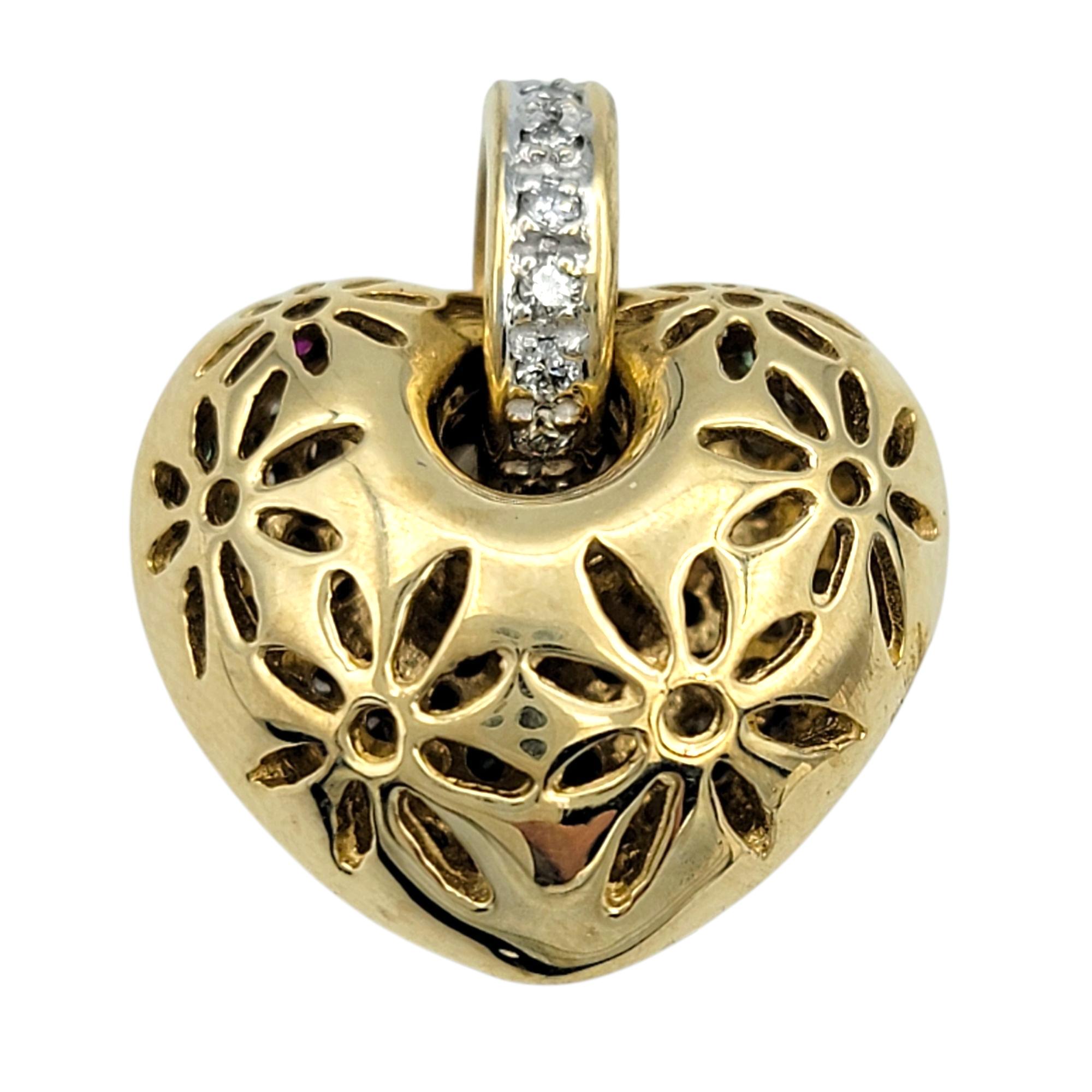 Sonia B. Pavé Multi Gemstone Puffy Heart Pendant in Polished 14 Karat Gold In Good Condition For Sale In Scottsdale, AZ