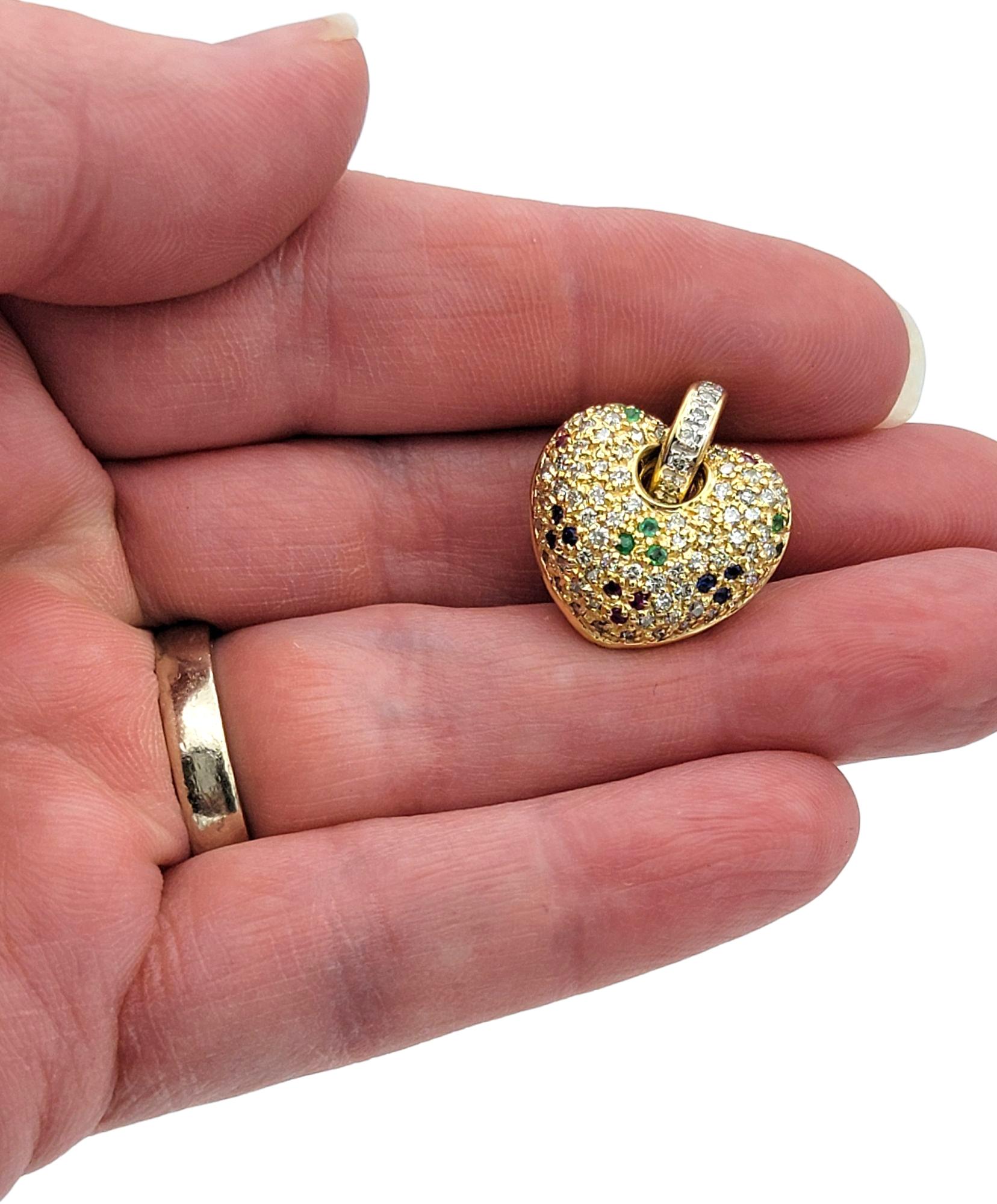 Women's Sonia B. Pavé Multi Gemstone Puffy Heart Pendant in Polished 14 Karat Gold For Sale