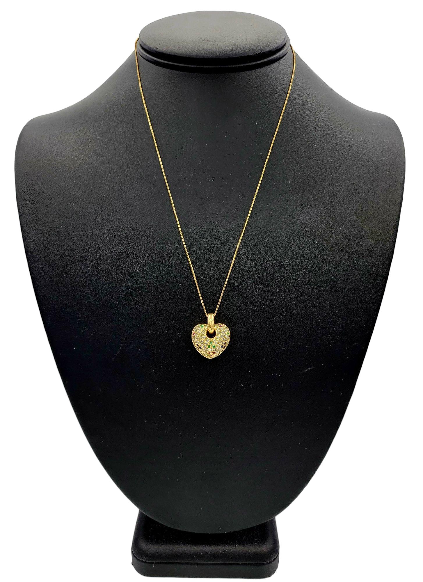 Sonia B. Pavé Multi Gemstone Puffy Heart Pendant in Polished 14 Karat Gold For Sale 1