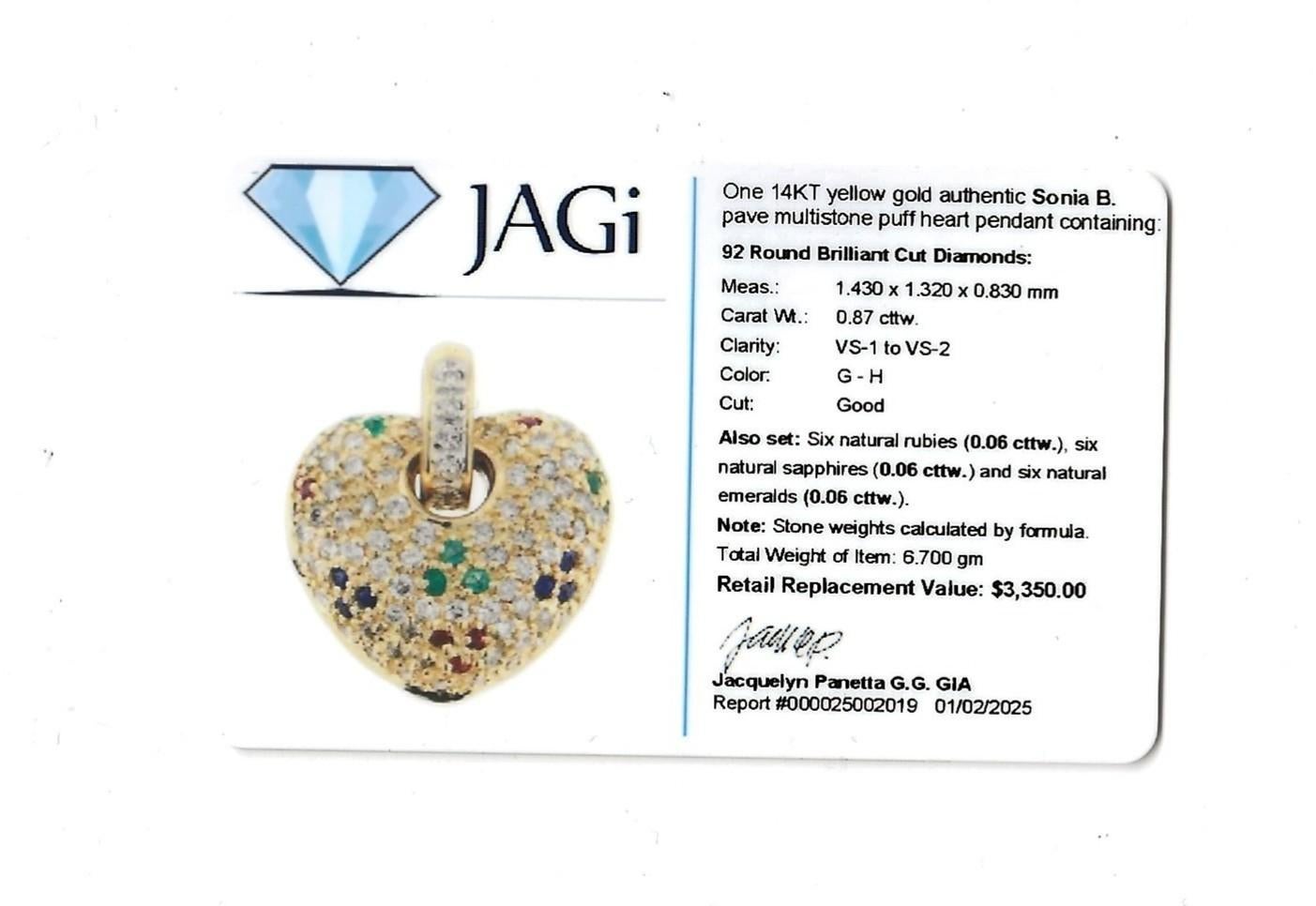 Sonia B. Pavé Multi Gemstone Puffy Heart Pendant in Polished 14 Karat Gold For Sale 2