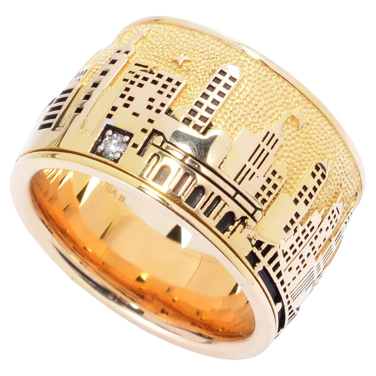 Sonia Bitton 14K Yellow gold Diamond New York Skyline ring Size 6 For Sale