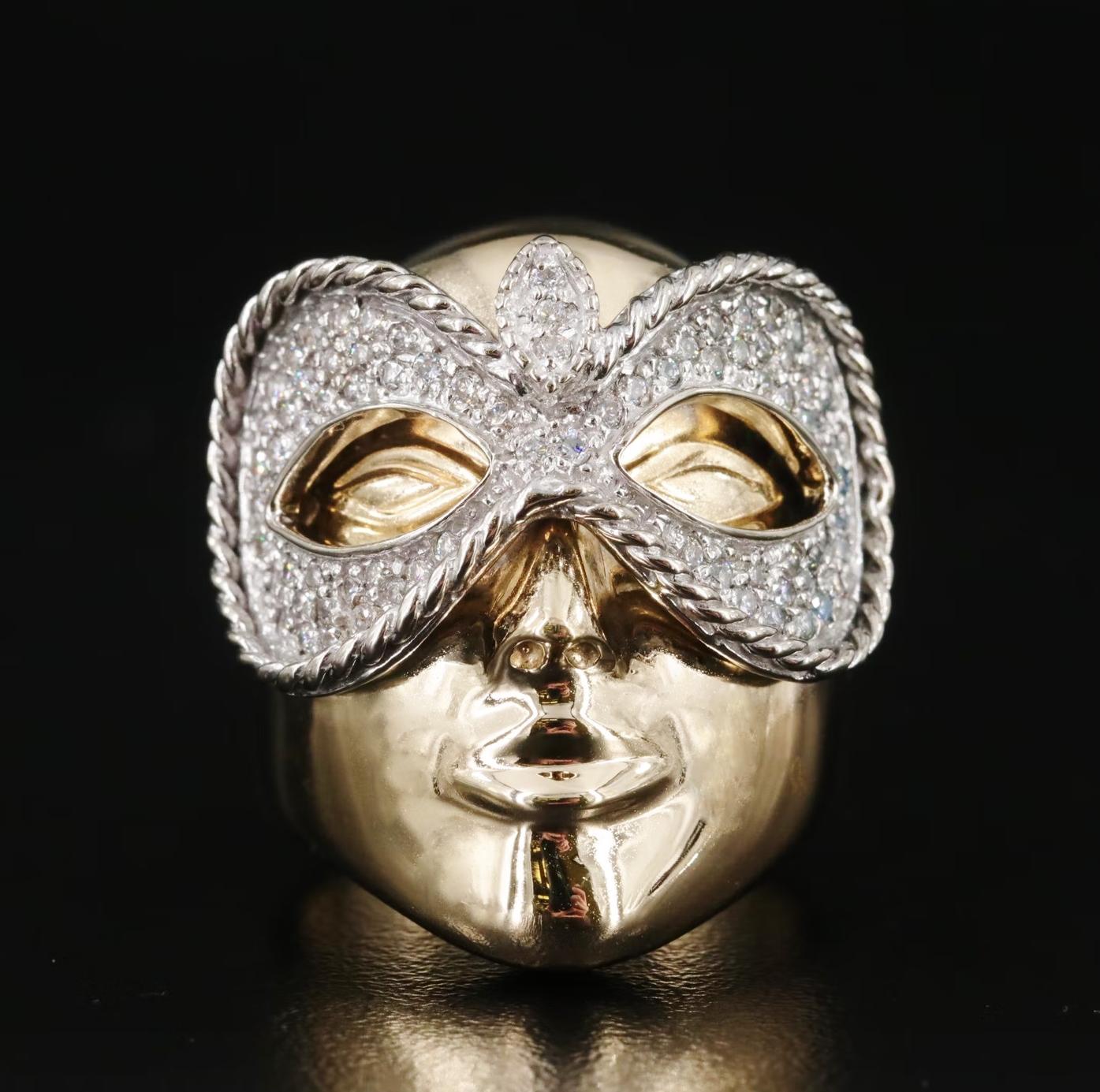 Sonia B ring, stamped and hallmarked

MADE IN THE USA

NEW WITH TAGS, Tag Price $6750

Amazing 3D Masquerade face design

Heavy and well made, 14.6 grams

0.6 CWT Diamond SI-VS/G

14K solid Yellow and White gold, stamped 14K

Head turner, statement