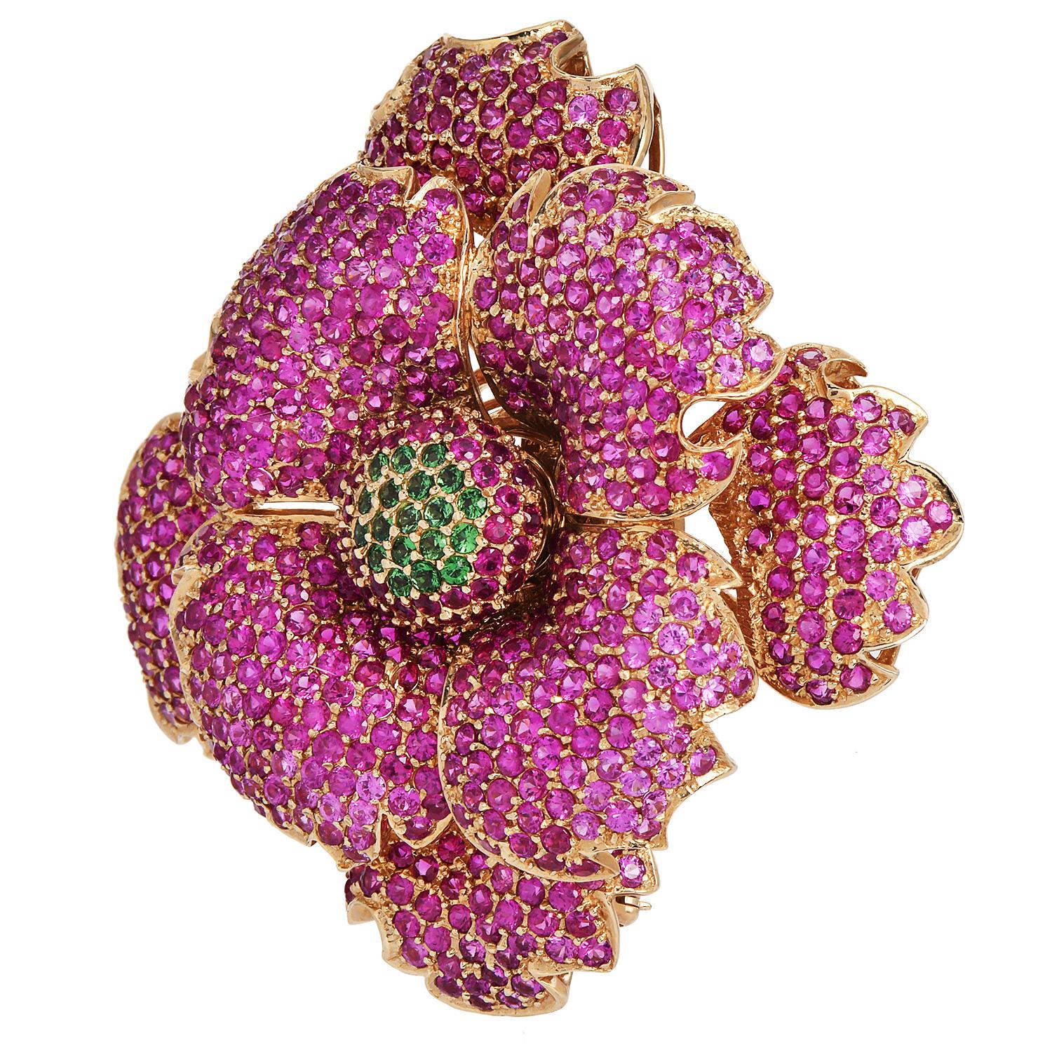 Round Cut Sonia Bitton Pink Sapphire & Tsavorite 14K Flower Brooch  For Sale
