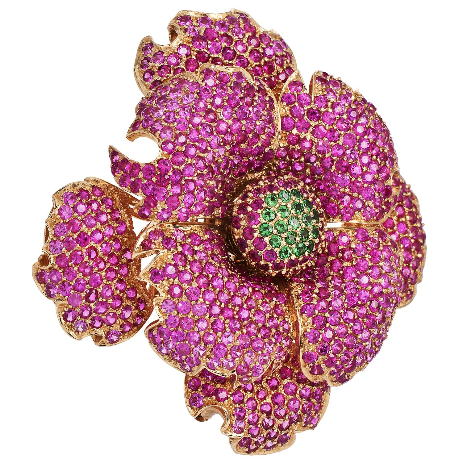 Sonia Bitton Pink Sapphire & Tsavorite 14K Flower Brooch  In Excellent Condition For Sale In Miami, FL