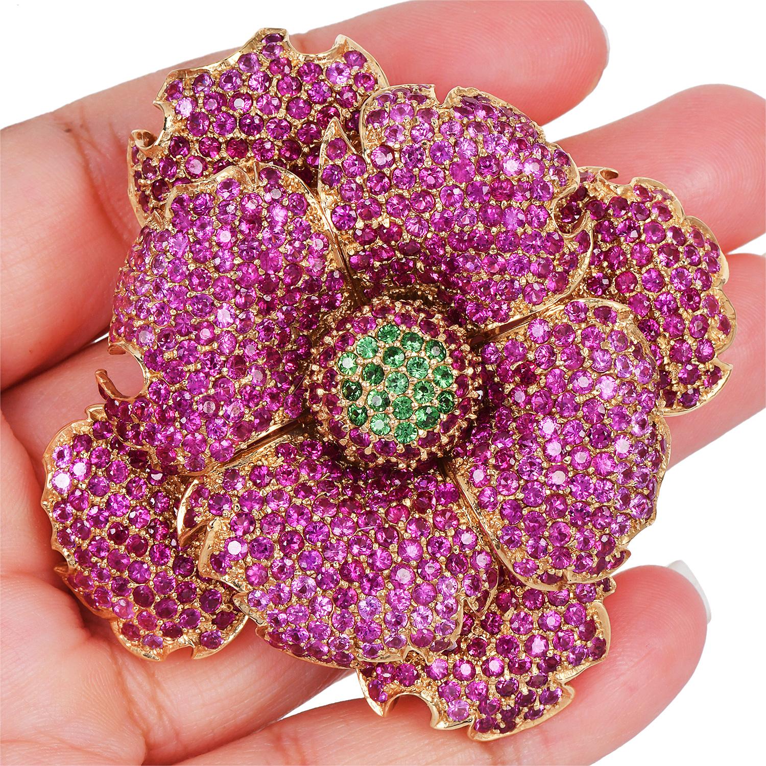 Sonia Bitton Pink Sapphire & Tsavorite 14K Flower Brooch  For Sale 1