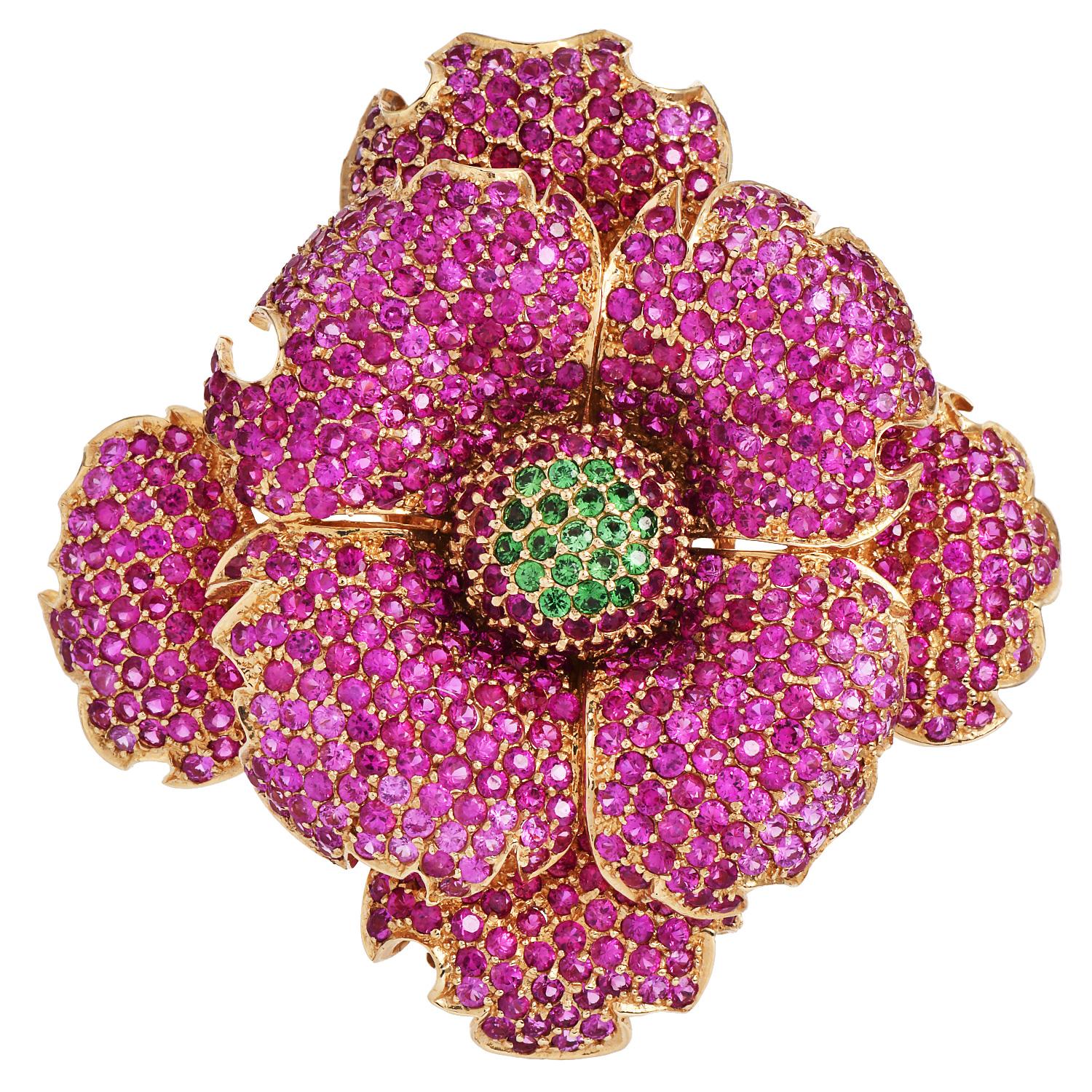 Sonia Bitton Pink Sapphire & Tsavorite 14K Flower Brooch  For Sale