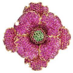 Vintage Sonia Bitton Pink Sapphire & Tsavorite 14K Flower Brooch 