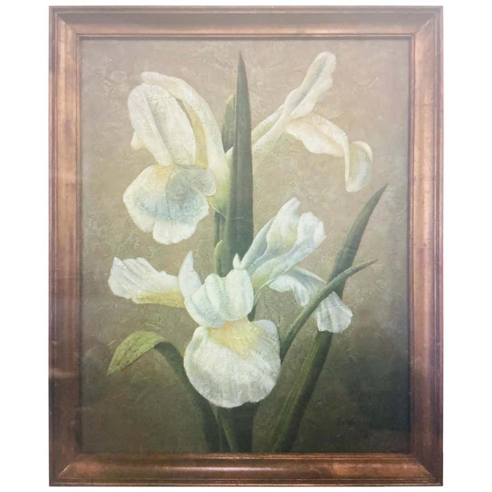 An elegant oil on Canvas painting featuring columbian catalina flower. The painting is nicely framed in a custom wooden frame and is signed by the artist Sonia Bulley.