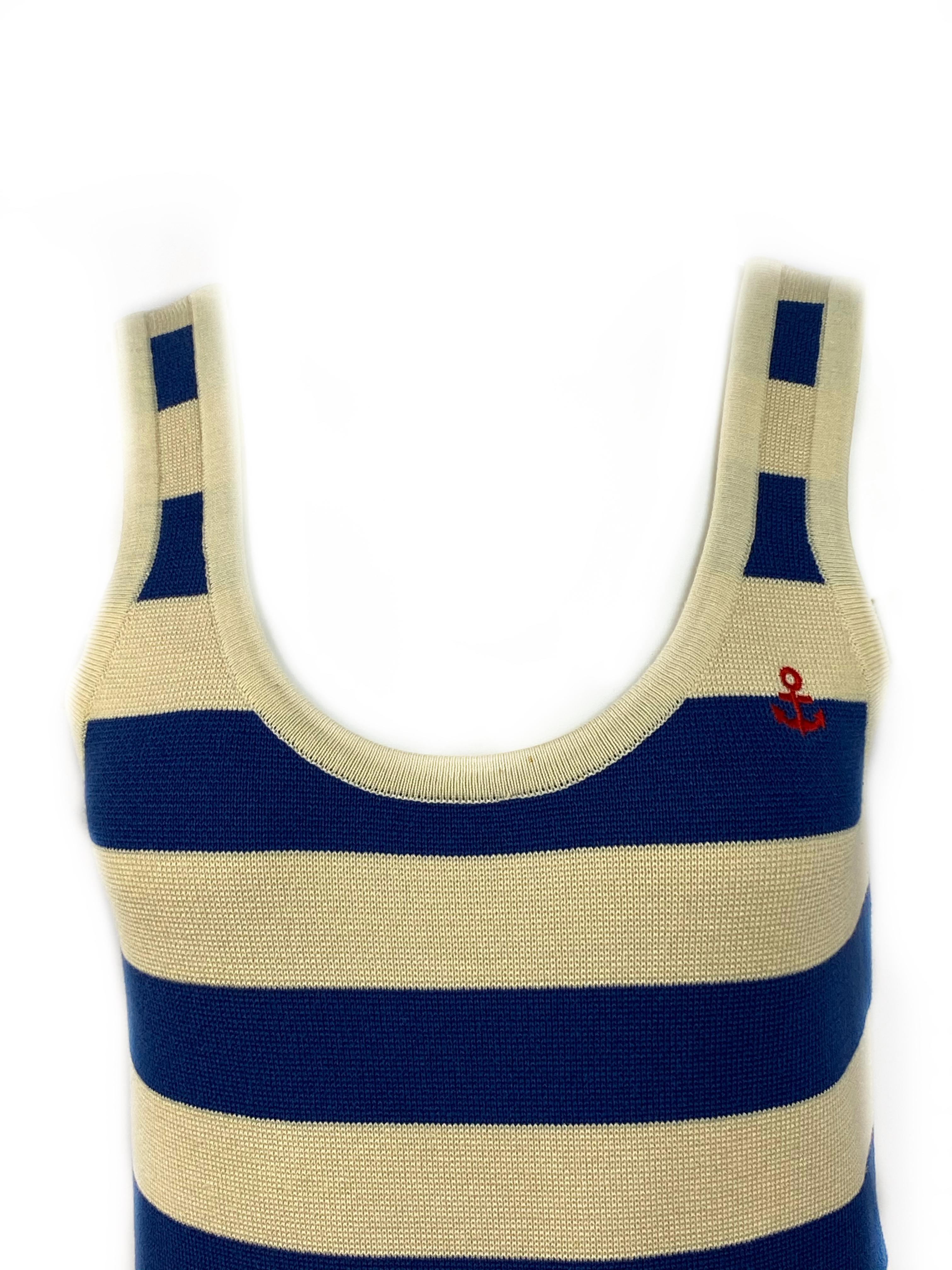 Sonia by Sonia Rykiel Elfenbein und Blau Baumwolle Tank Mini Kleid Größe M

Einzelheiten zum Produkt:
Größe M
Elfenbeinfarbenes und blaues Streifenmuster mit gesticktem roten Anker und zwei blauen Taschen auf der Vorderseite
Ärmelloses Minikleid im