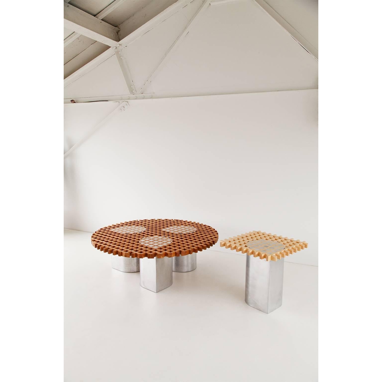 Modern Sonia Coffee Table or Side Table, Cherry Grid Pattern and Polished Aluminium