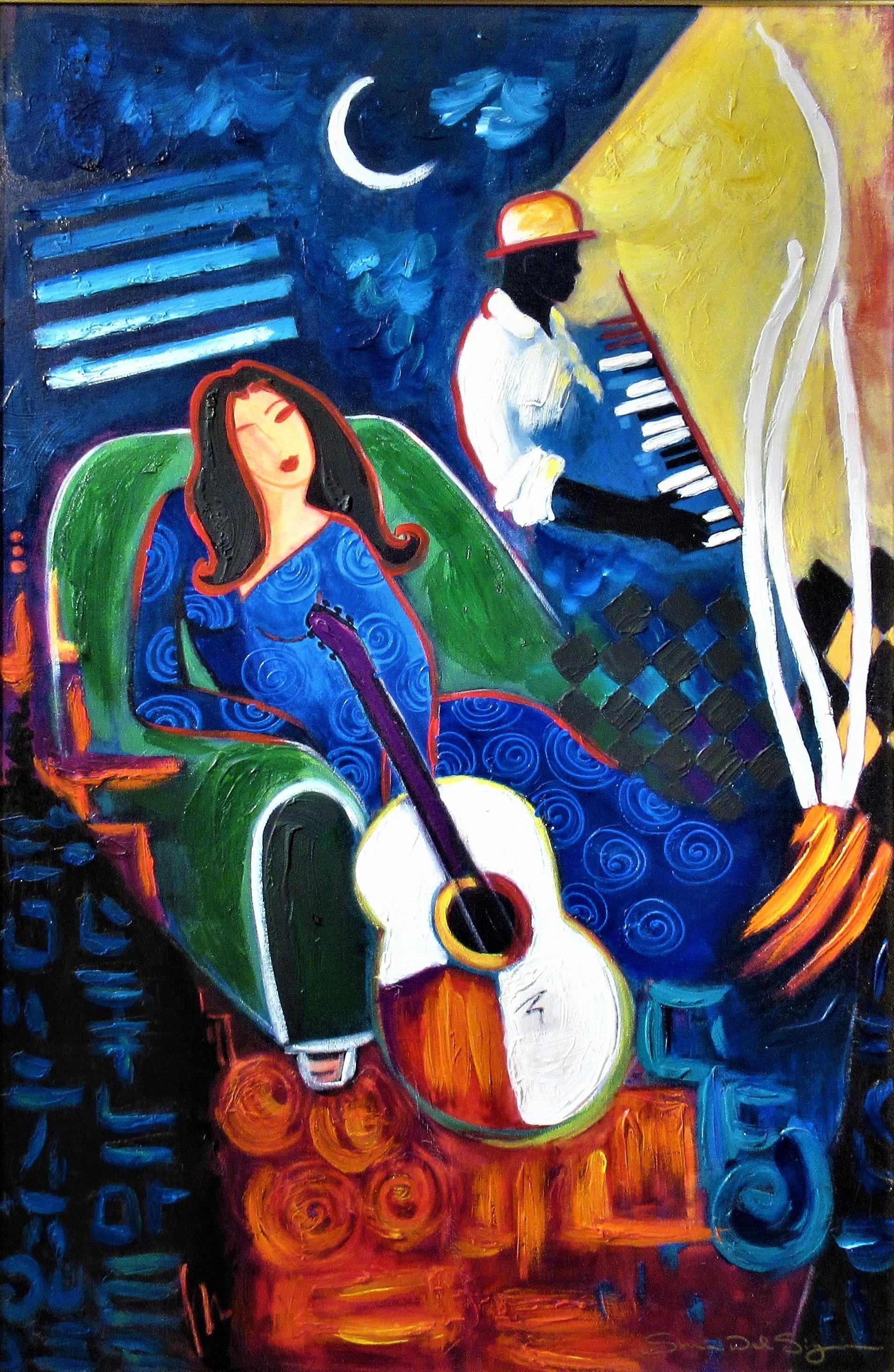 Woman with Guitar and Pianist (Femme avec guitare) - Fauvisme Mixed Media Art par Sonia Del Signore