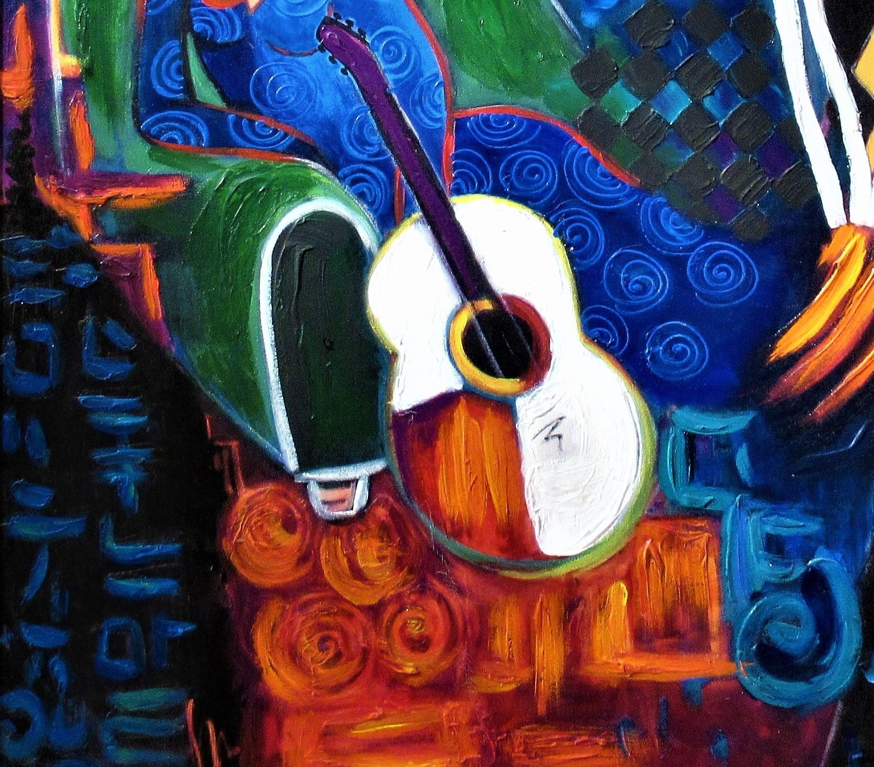 Woman with Guitar and Pianist - Fauvist Mixed Media Art by Sonia Del Signore