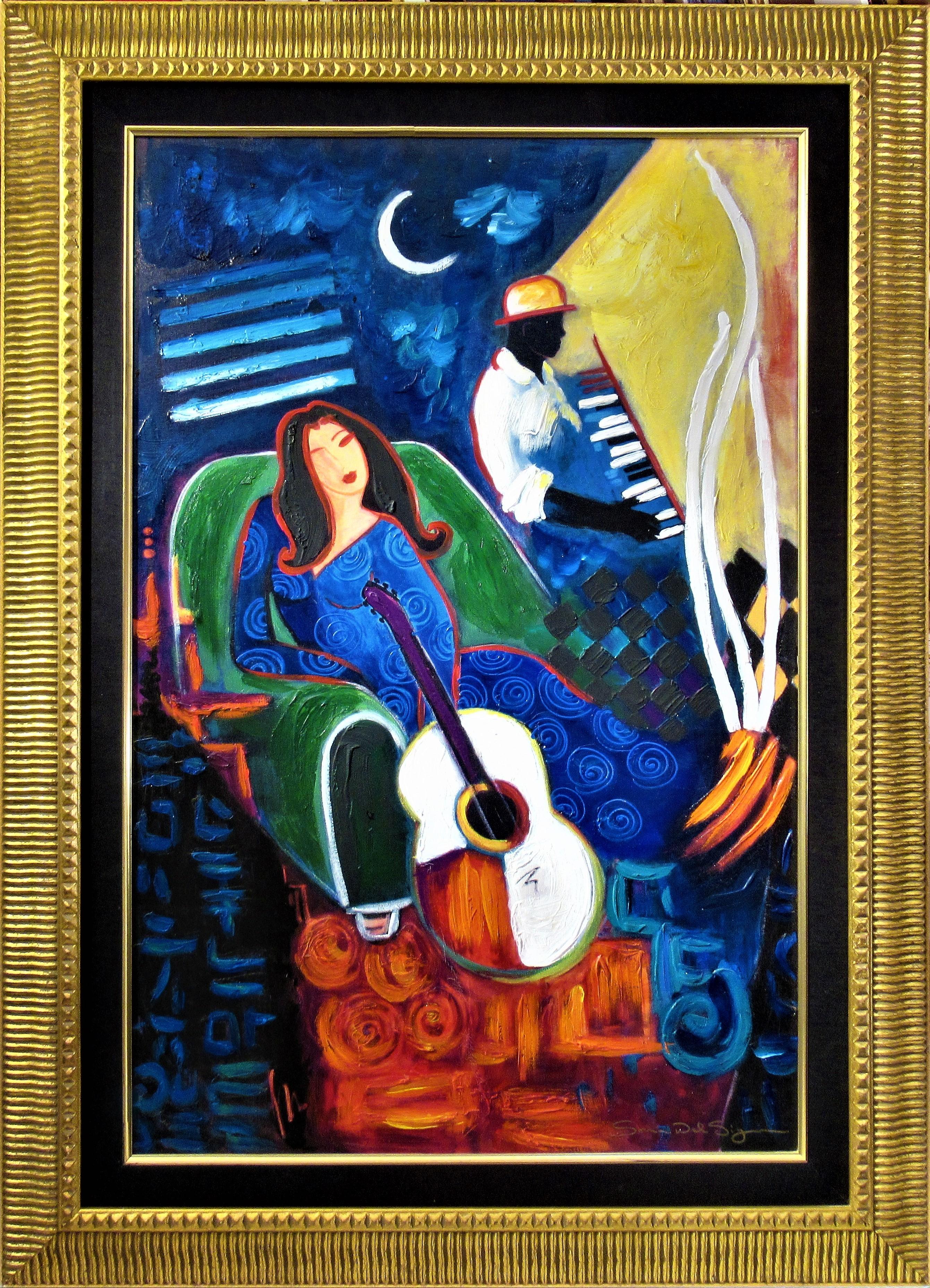 Woman with Guitar and Pianist (Femme avec guitare) - Mixed Media Art de Sonia Del Signore
