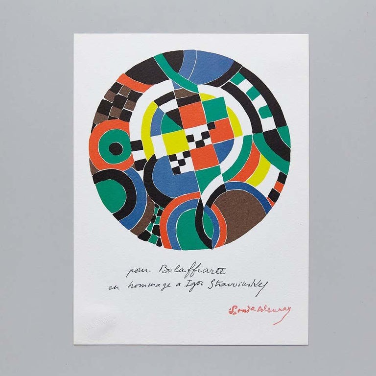 Signed photolithography by Sonia Delaunay, 1979.

Stamped Photogravure reproduction of series by Bolaffiarte. Limited edition of 5000.

Exemplary number 2784.



