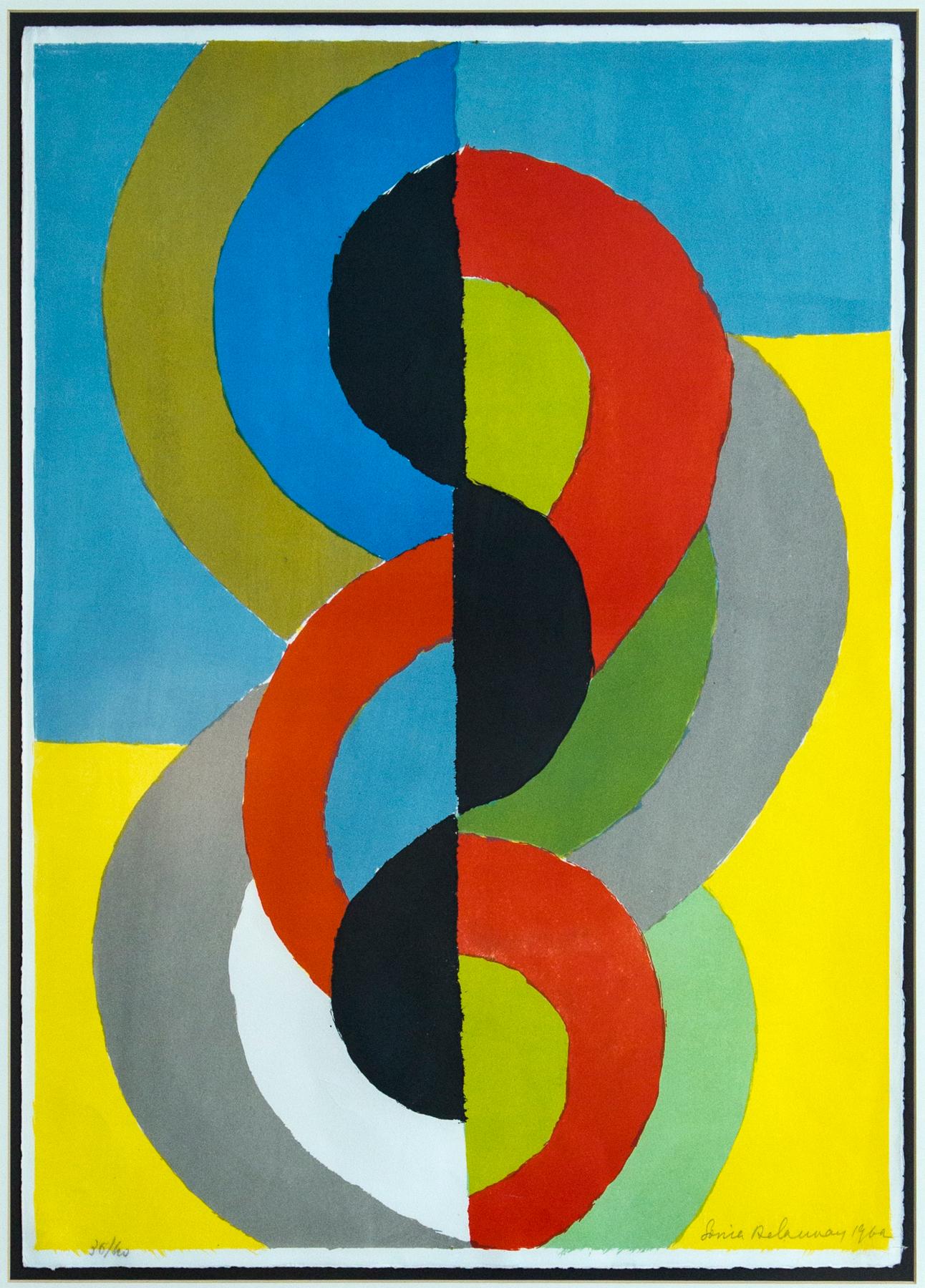 Sonia Delaunay geometric lithograph, 1962, Edition 36/60. Signed, dated and editioned in pencil on print recto.