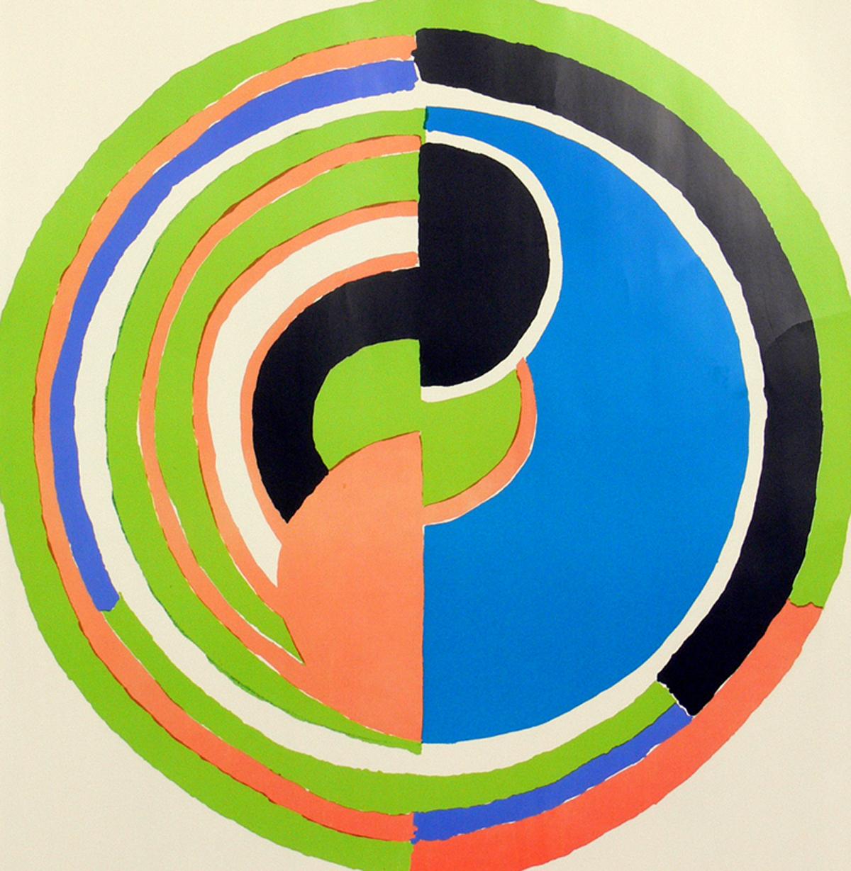 Colorful Modernist Lithograph by Sonia Delaunay, France, circa 1960s. It has been recently framed in a clean lined black lacquer gallery frame.