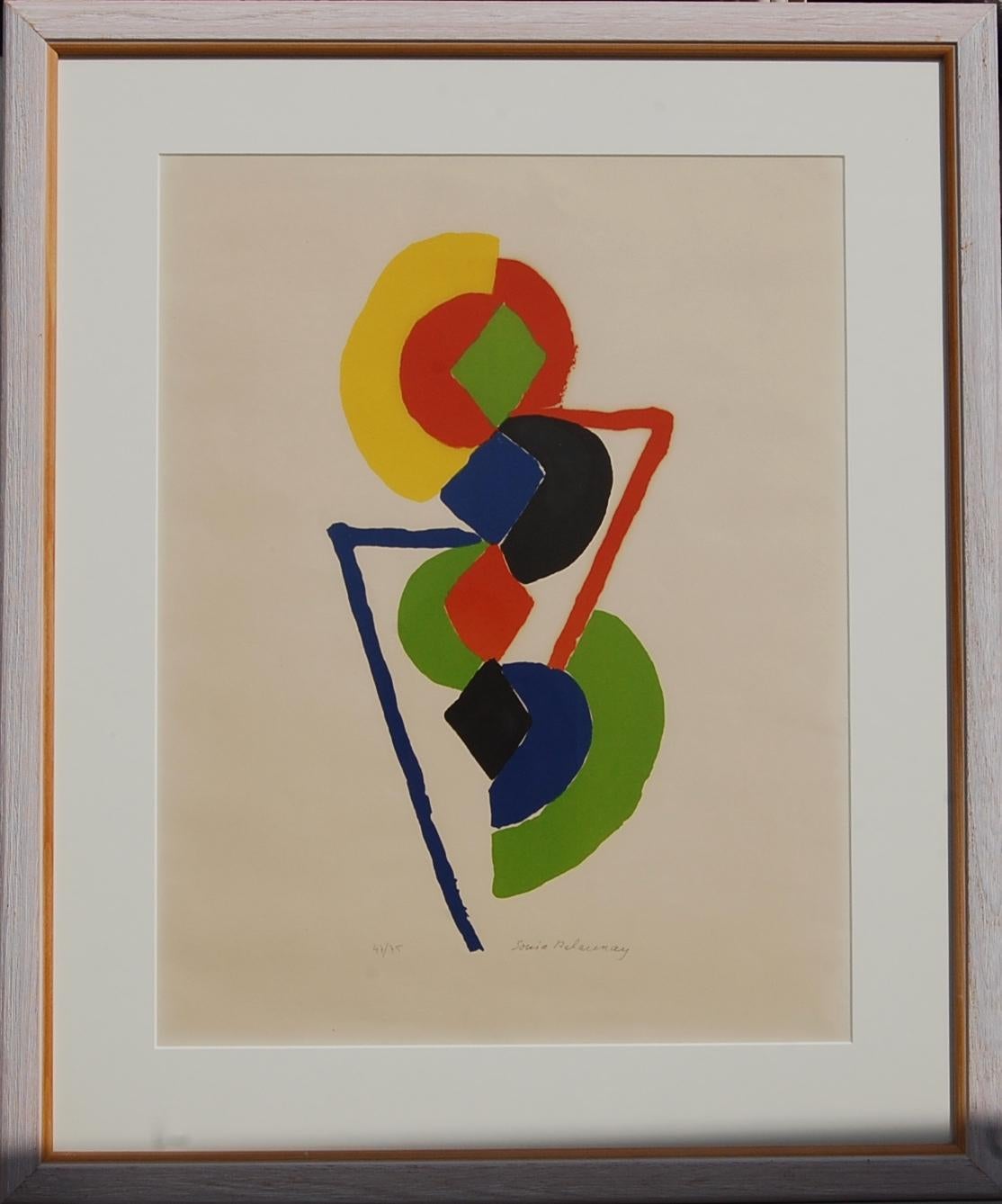 SoniA Delaunay color limited edition lithograph, pencil signed.
 size: 24.5x19 framed,  framed under glass, 33 × 28 × 1 in
Limited edition lithograph 47/75
Sonia Delaunay’s innovative explorations of color and form began with a quilt she made for