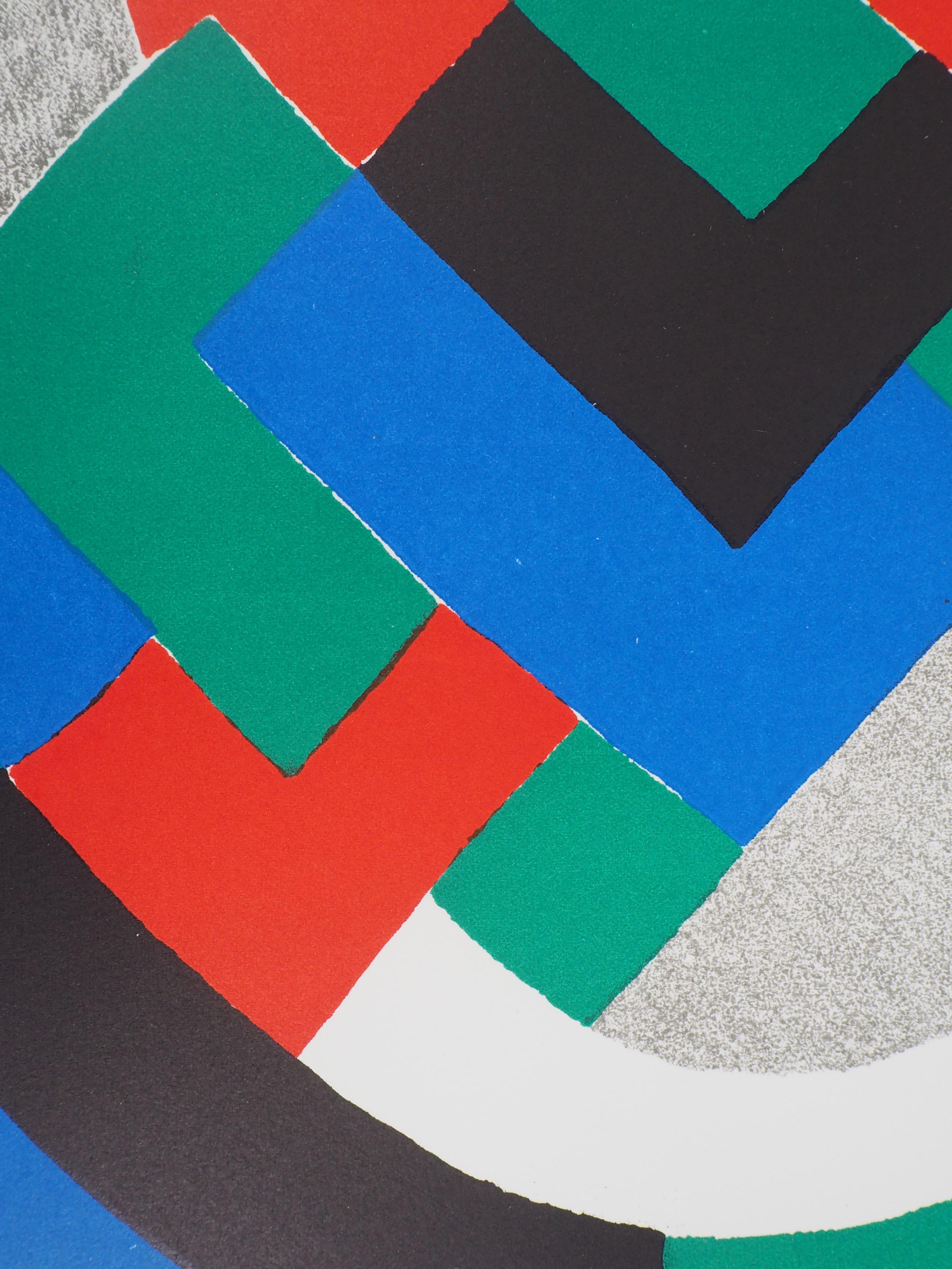Composition en vert, bleu et rouge - Lithographie originale (Mourlot 1969) - Géométrique abstrait Print par Sonia Delaunay